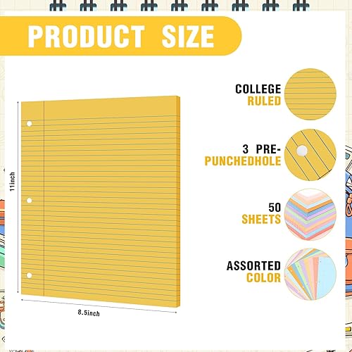 Miniatura 2 de 600 hojas de papel de hojas sueltas de 8.5 x 11 pulgadas, papel de relleno de colores, paquete de 12 hojas rayadas universitarias con 3 agujeros,