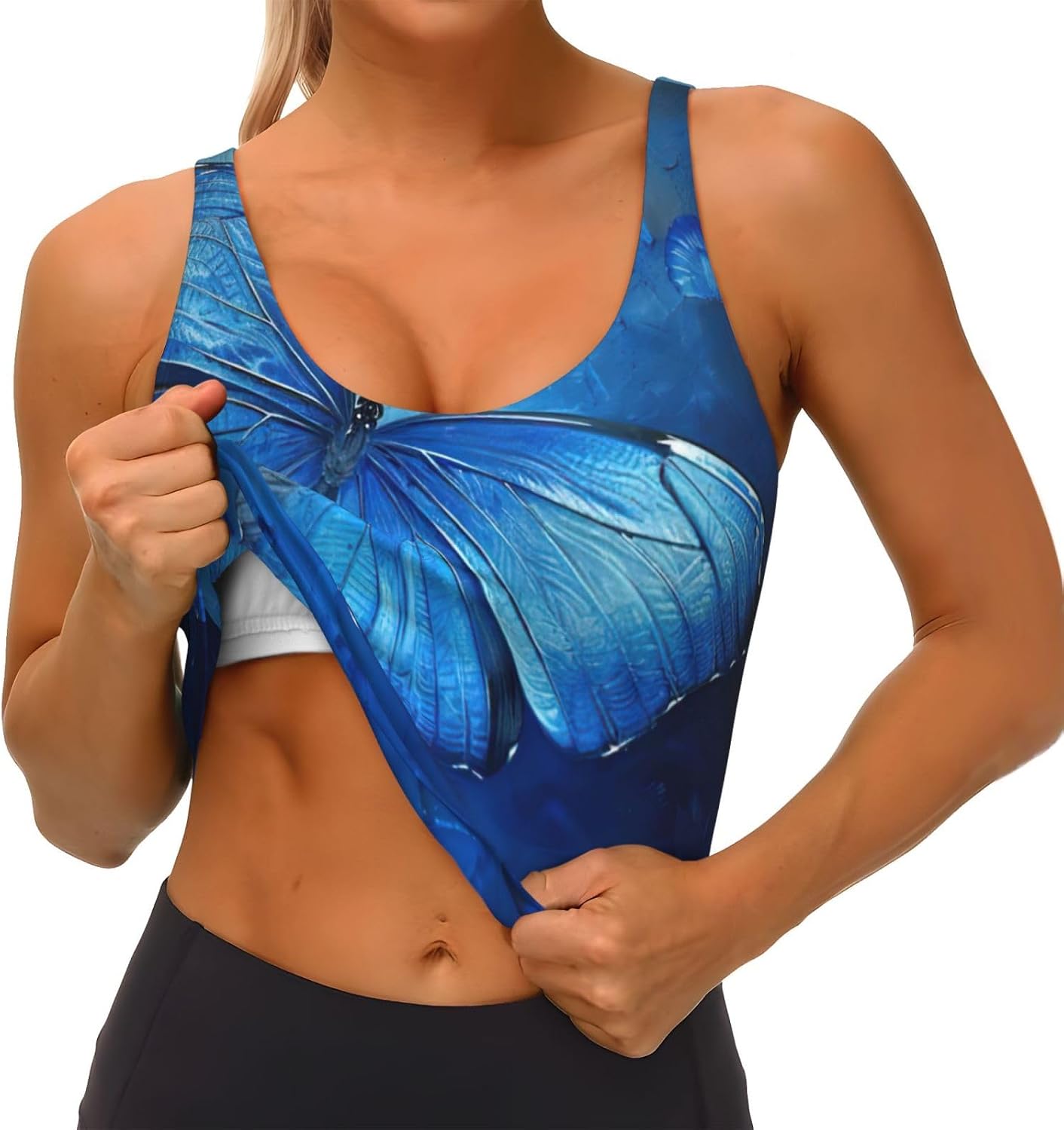Blue Butterfly Print High Impact Sports Bras,Longline Sports Bra,Perfect for Yoga,Running and Gym Workouts