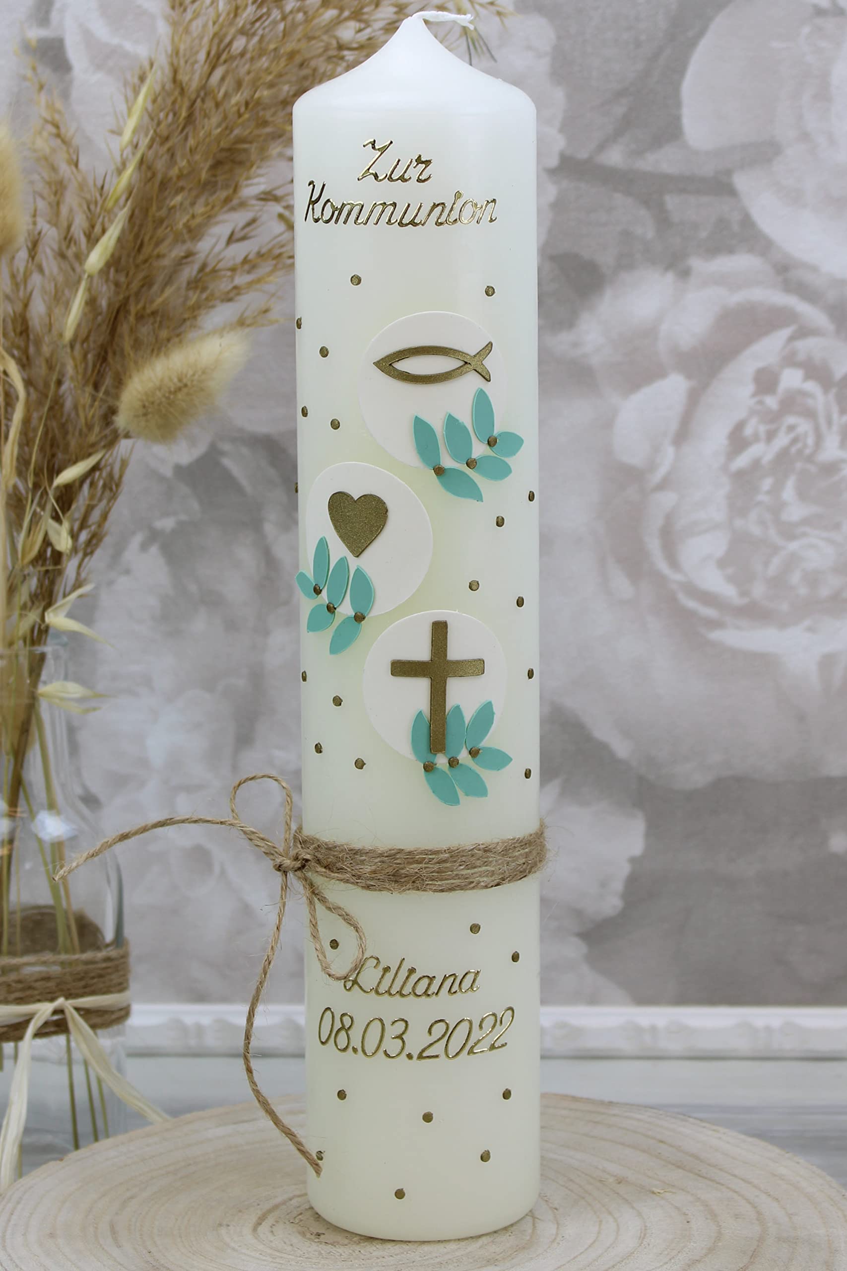 Kommunionkerze LILIANA mit Kreuz, Taube, Kelch und Fische/Wellen 1356