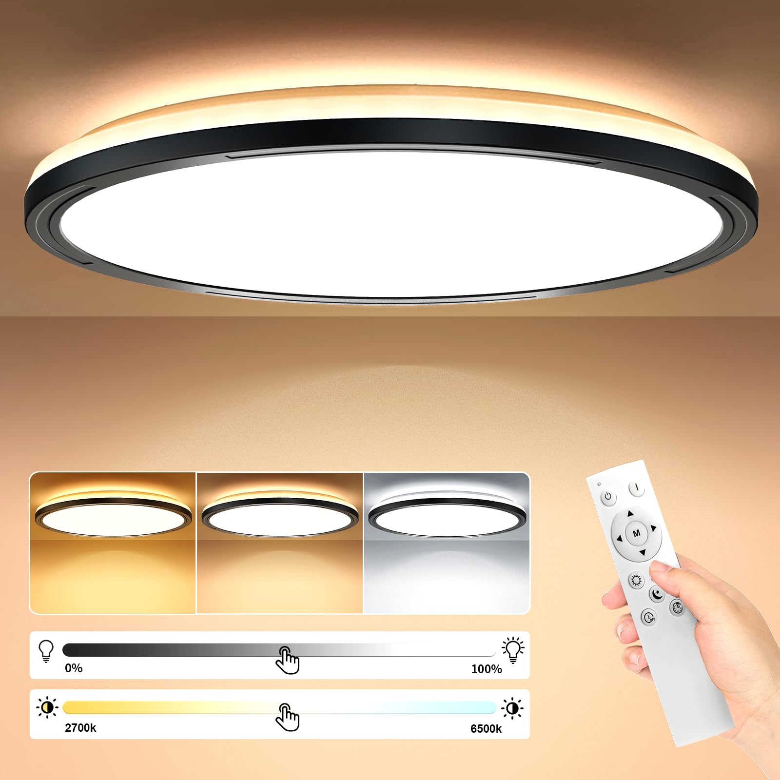 Lamparas de Techo 24W, Plafon Led Techo Regulable con Mando a Distáncia & Efecto de Retroiluminación, Lampara de Techo para Dormitorio Cocina comedor habitacion Pasillo Balcón Salón, Ø30CM- Negro