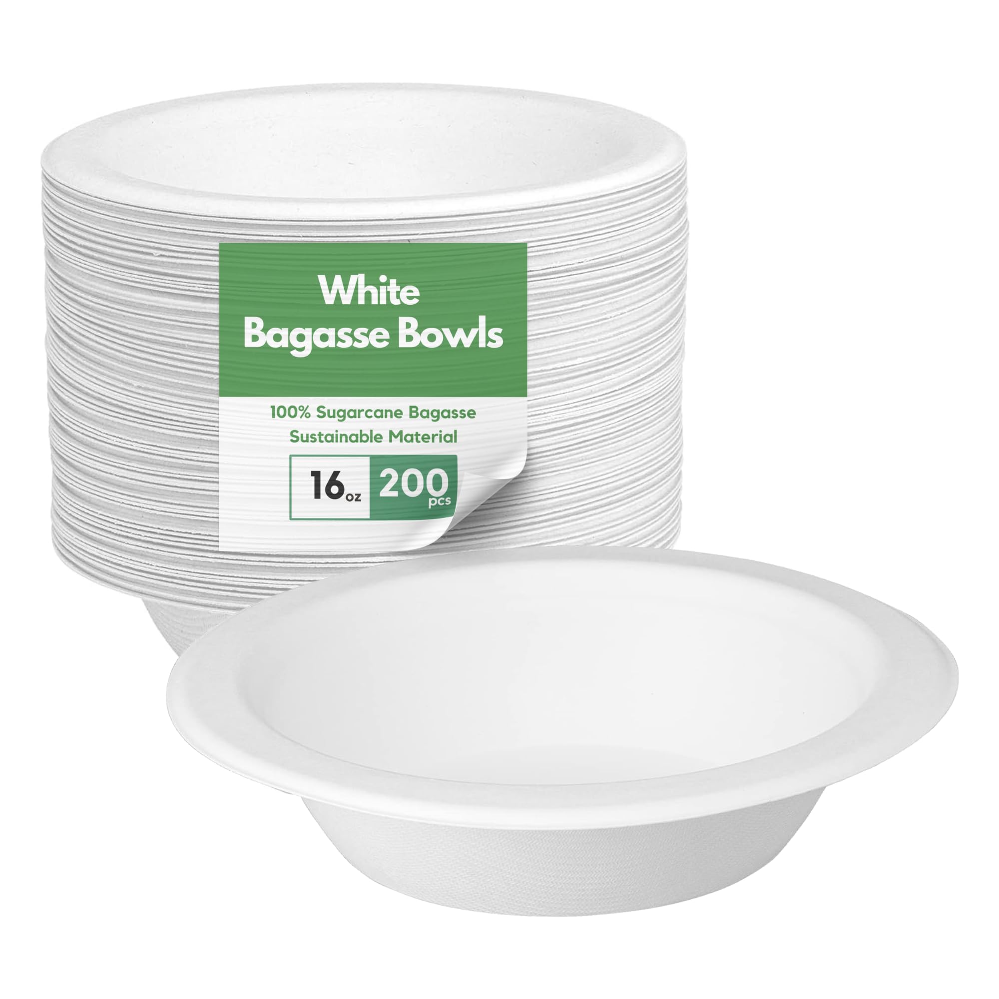 Caterco White Bagasse Sugarcane 16Oz / 370Ml Bowls - Strong, Disposable, Biodegradable, Compostable Eco-Friendly Paper Bowl For Soup, Salad, Dessert, Party, Bbq - 16Oz Bowls - 200 Pack