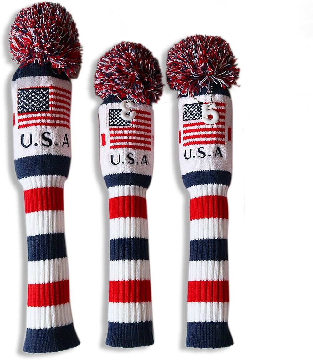 Craftsman Golf US Flag Knit Pom Pom White Blue Red Driver,Fairway Wood, Hybrid Head Cover Headcover for Callaway Mizuno Cobra Taylormade