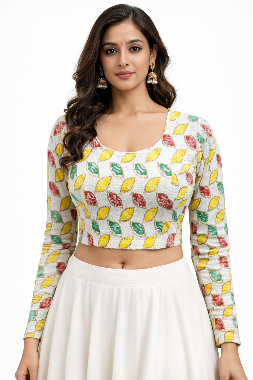 Red Embroidered Blouse, Multicolor Leaf Pattern, Long Sleeve, Scoop Neck, Traditional Indian Wear-picture-23