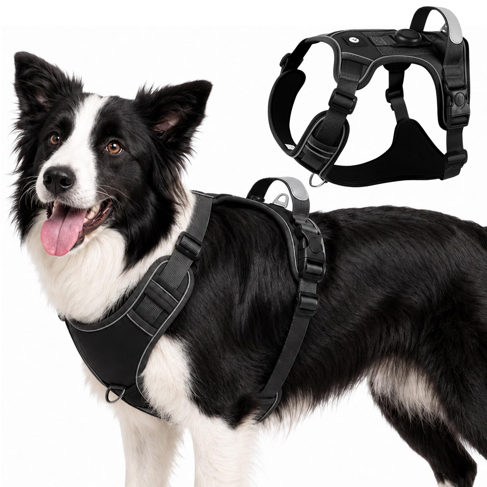 Olcyren No Pull Dog Harness with AirTag Holder, Adjustable Anti Pull Soft Padded Dog Harness with Front Clip, Reflective No-Choke Pet Vest Harness with Handle for Small Medium Large Dogs (Black, L) — image 1