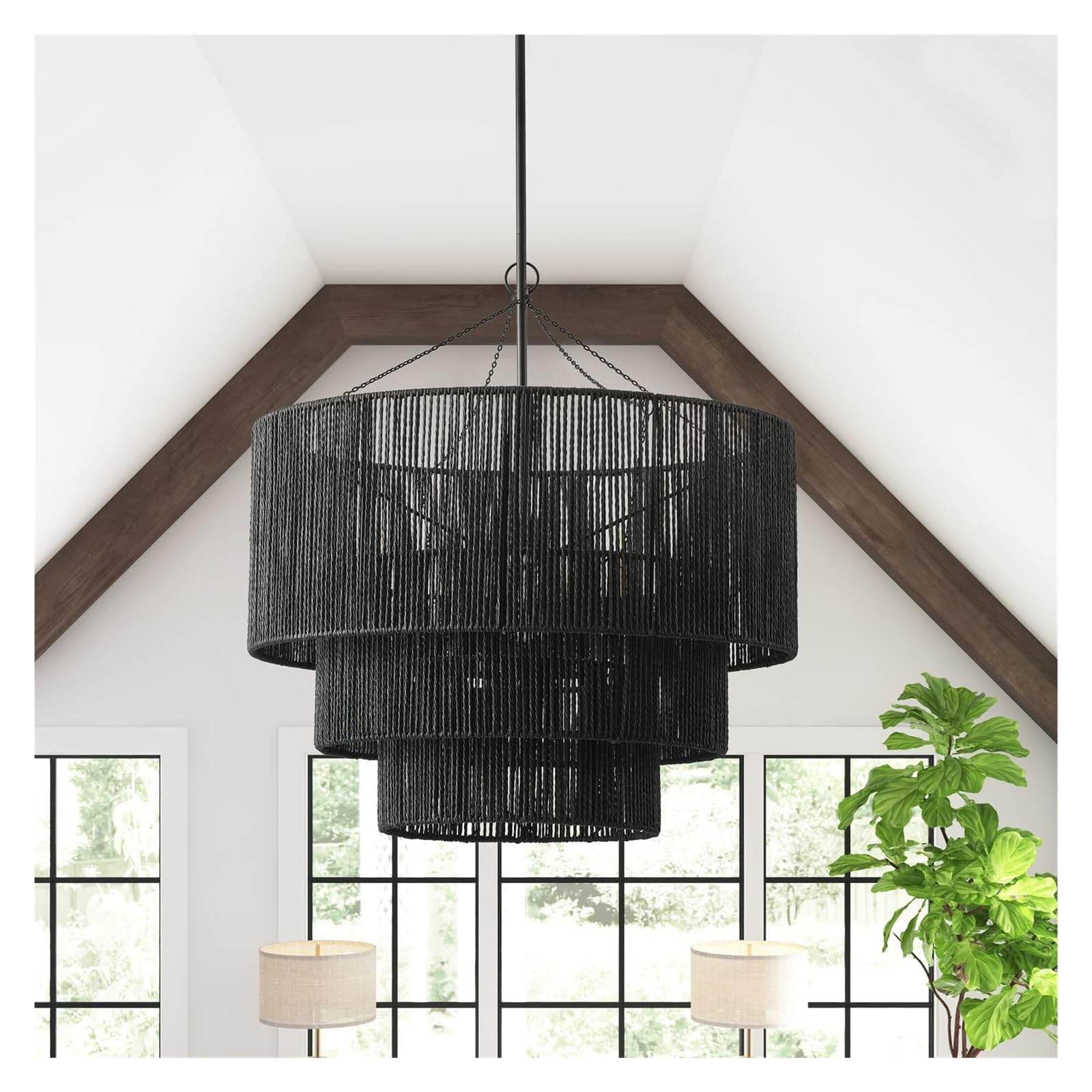 LYMSXAZOU Chandelier Modern Pendant Light Fixtures 27.55 Inch Matte Black Ceiling Lighting with Hemp Rope Farmhouse Adjustable Chandeliers for Living Room Dining E26 Base