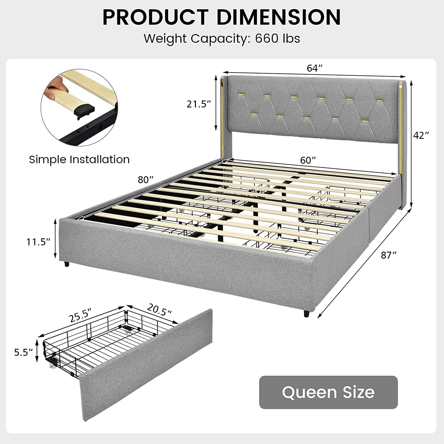 KOMFOTT Queen Upholstered Bed Frame with 4 Rolling Drawers, Modern Platform Bed with Headboard, Space Saving Bed Frame with Wooden Slat Support, No Box Spring Needed & Noise Free (Sliver, Queen)