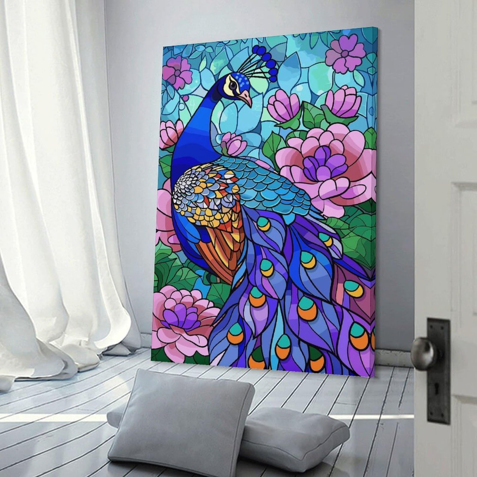 Junmoney Stained Glass Peacock with Flowers Wall Picture Print 24x36inch(60x90cm), for Bedroom Decor, Cosy Corners Or Studios, Home Artwork with A Soft Interior Feel