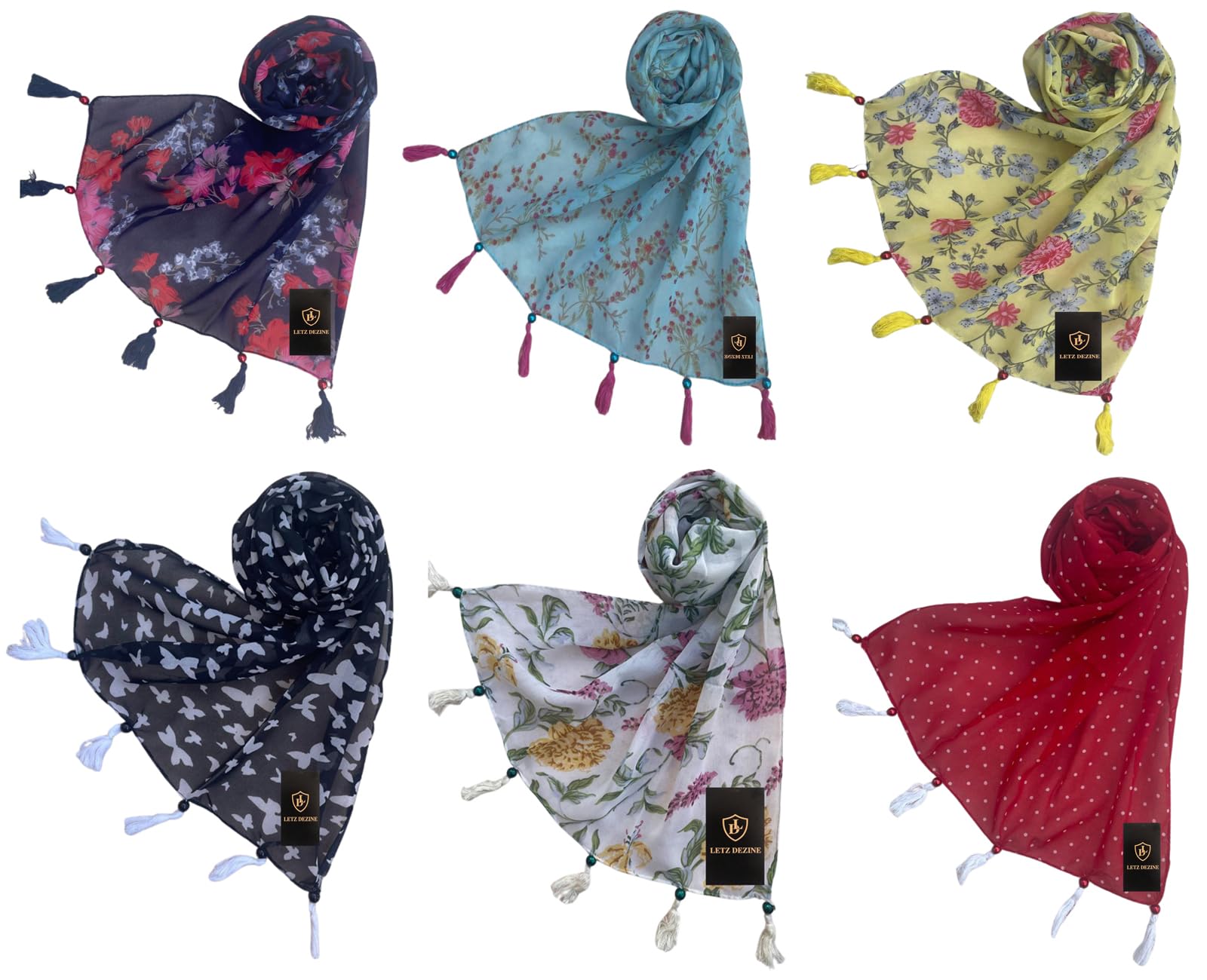 ™ Women's Printed Chiffon Multicolored Scarf and Stoles with Pearl Tassels - Set of 6 (LDS11728)-picture-17