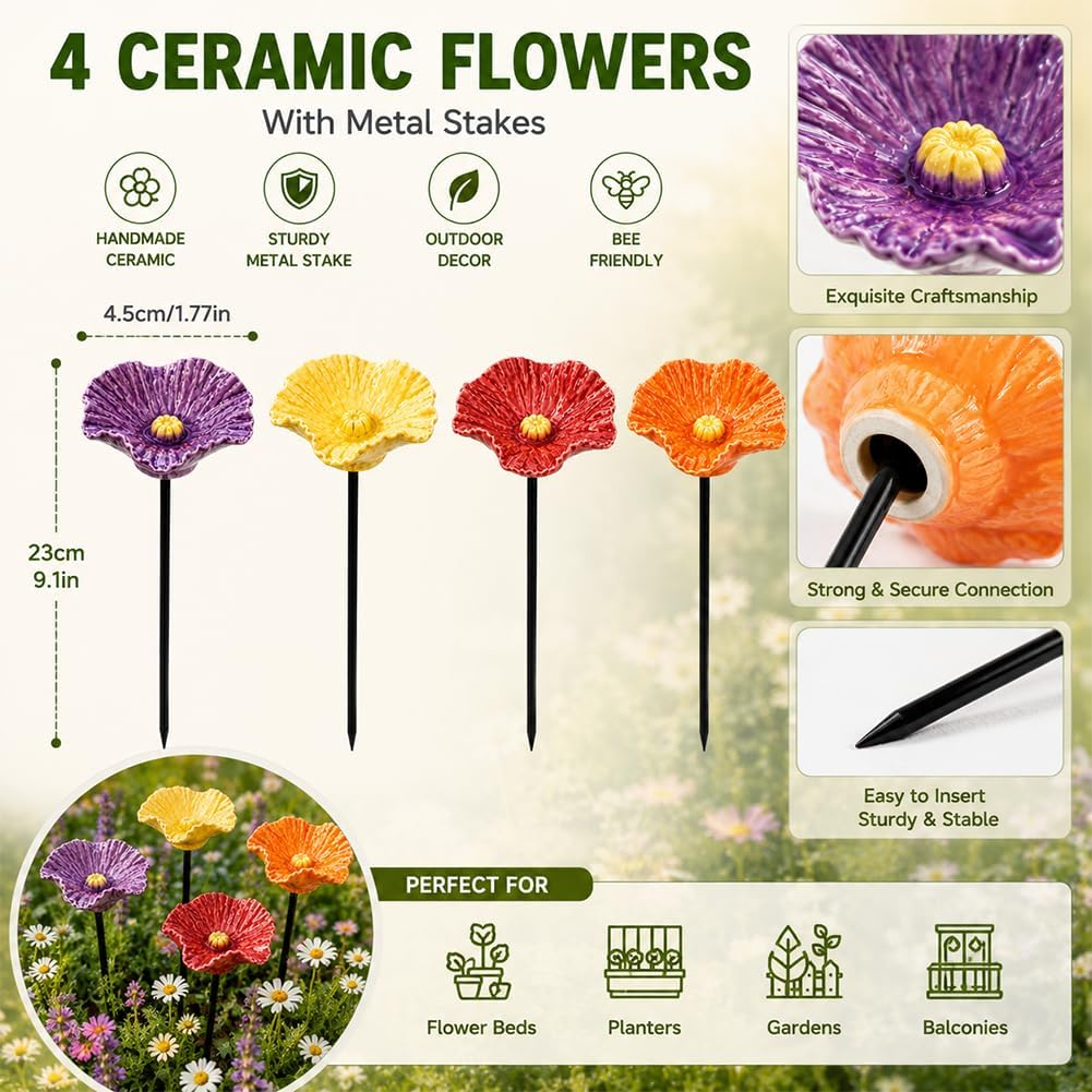 2026 Blumen Bienentränke 4er Set – Handgemachte Wetterfest, Blumenförmige Bienentränke für den Garten, Dekorative Bienenwassertränke mit Metallstab – Lockt Bienen, Schmetterlinge & Nützlinge an (4Pc)
