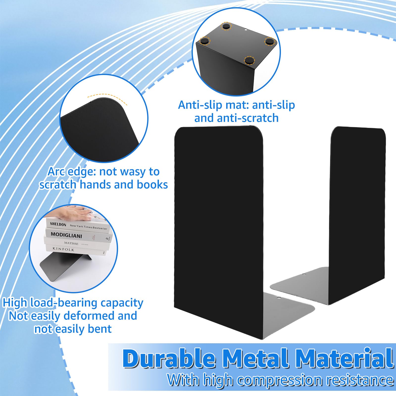 APACALI 20 sujetalibros de metal, 20,4 x 10 x 13,5 cm, soporte de lectura, sujetalibros negro, sujetalibros para estanterías, para libros pesados, hogar, oficina