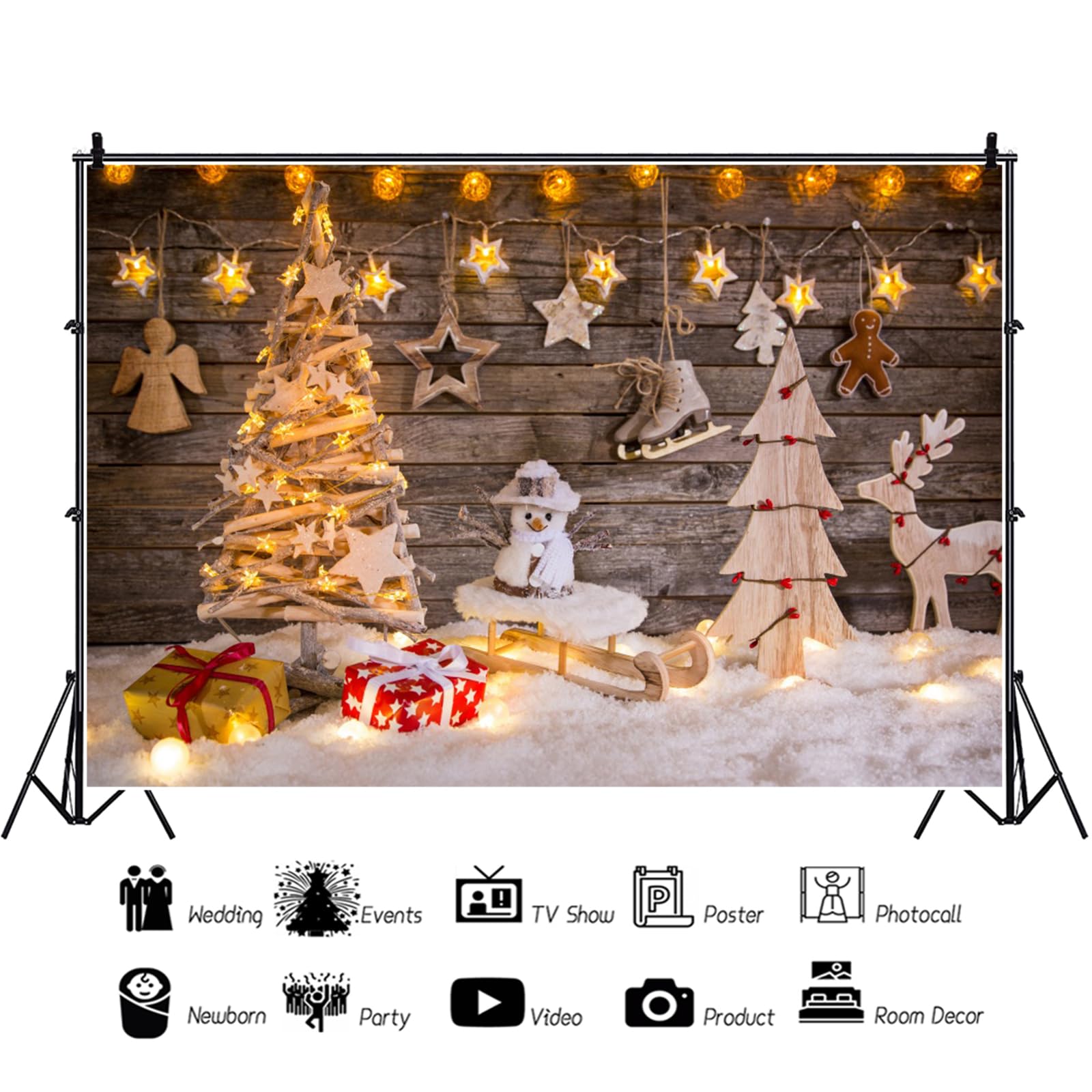 Aoihrraan Sfondo Fotografico Natalizio 3x2,5m - Davanzale Con Albero, Tenda Rossa, Babbo Natale, Renne, Luna Piena, Notte Invernale - Per Ritratti, Studio, Feste Di Capodanno