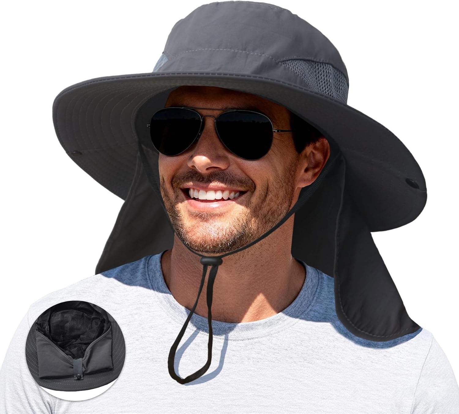 PFFY Sun Bucket Hats for Men Women Fishing Hat UV Protection Wide Brim Beach Safari Hat with Neck Flap