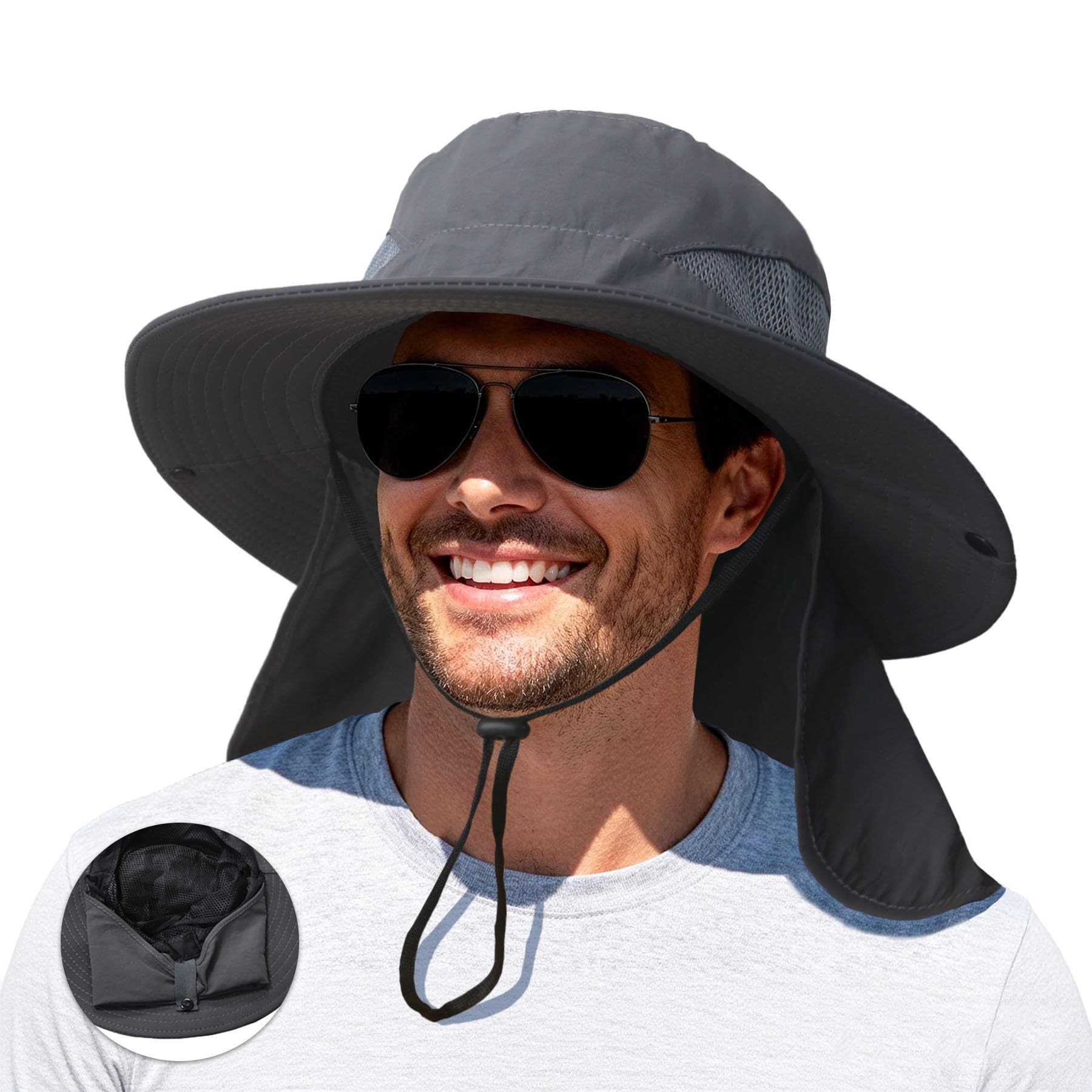 PFFY Sun Bucket Hats for Men Women Fishing Hat UV Protection Wide Brim Beach Safari Hat with Neck Flap