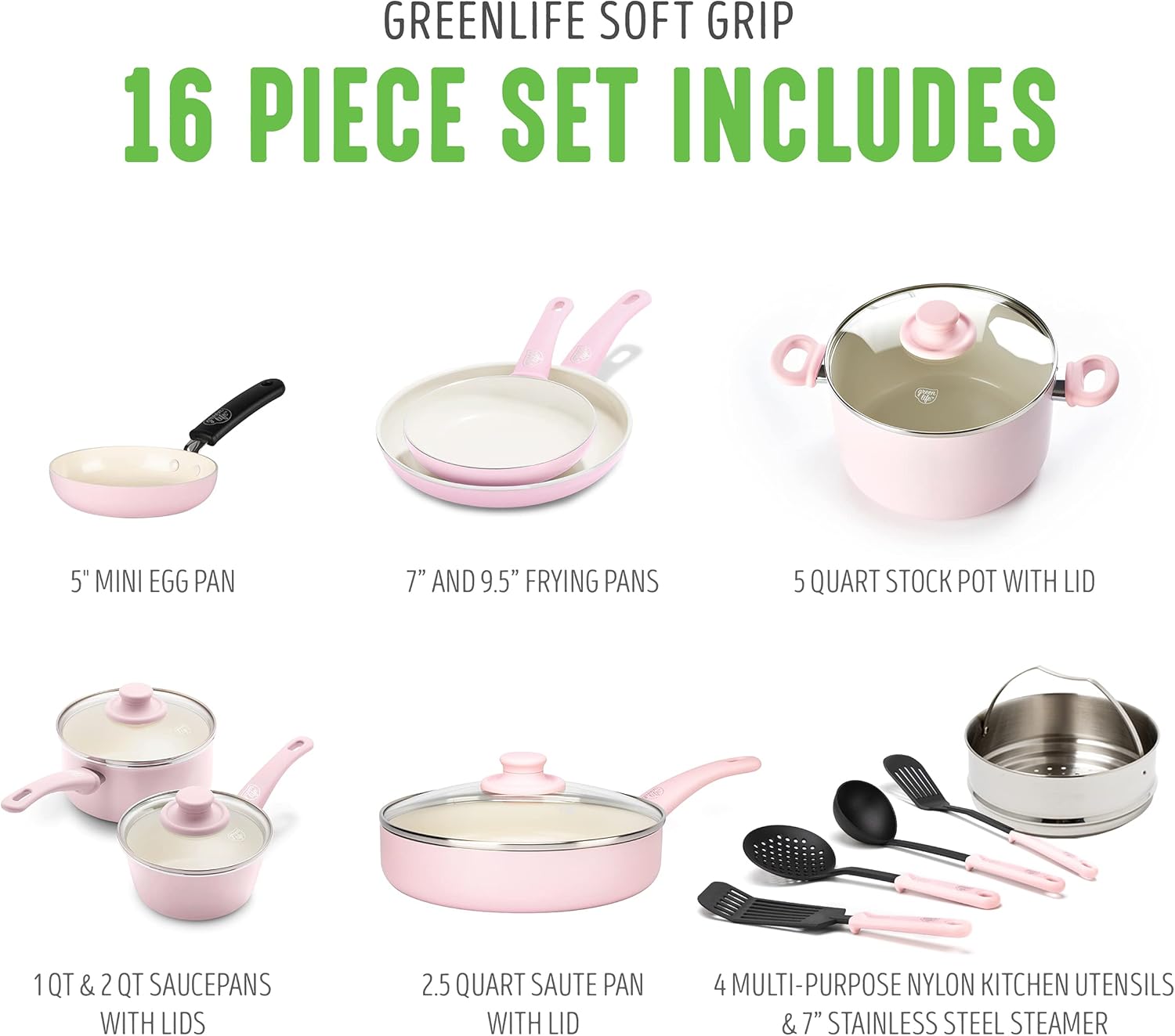 GreenLife Soft Grip Healthy Ceramic Nonstick, 16 Piece Cookware Pots and Pans Set, PFAS-Free, Dishwasher Safe, Soft Pink : Everything Else