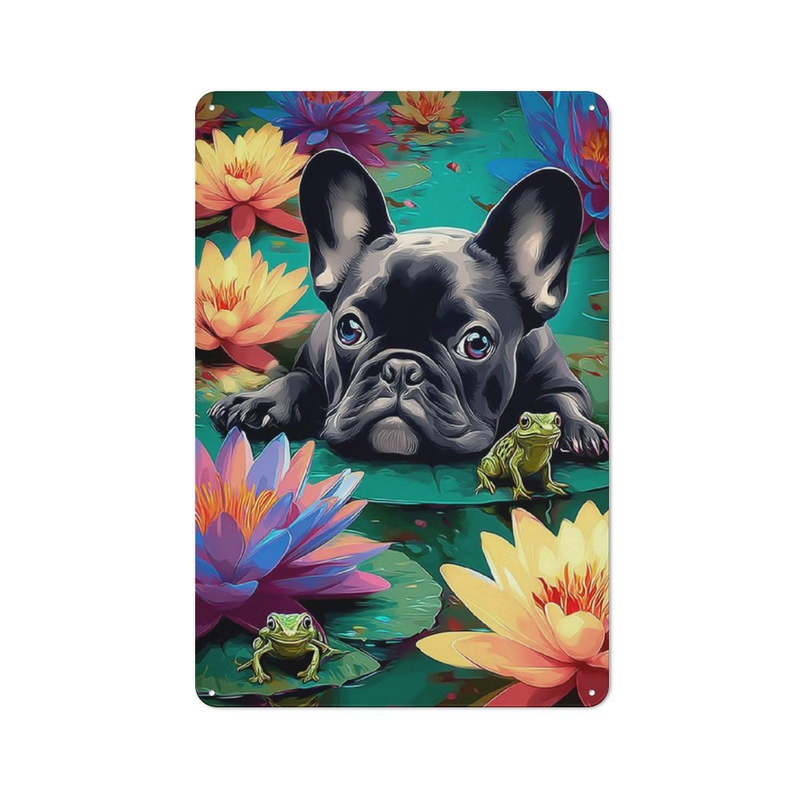 Junmoney French Bulldog And Frogs In A Pond Metal Wall Sign With Design 30X20cm, Loft Style Studio Wall Art For Flat, Bar, Studio Or Gallery Wall