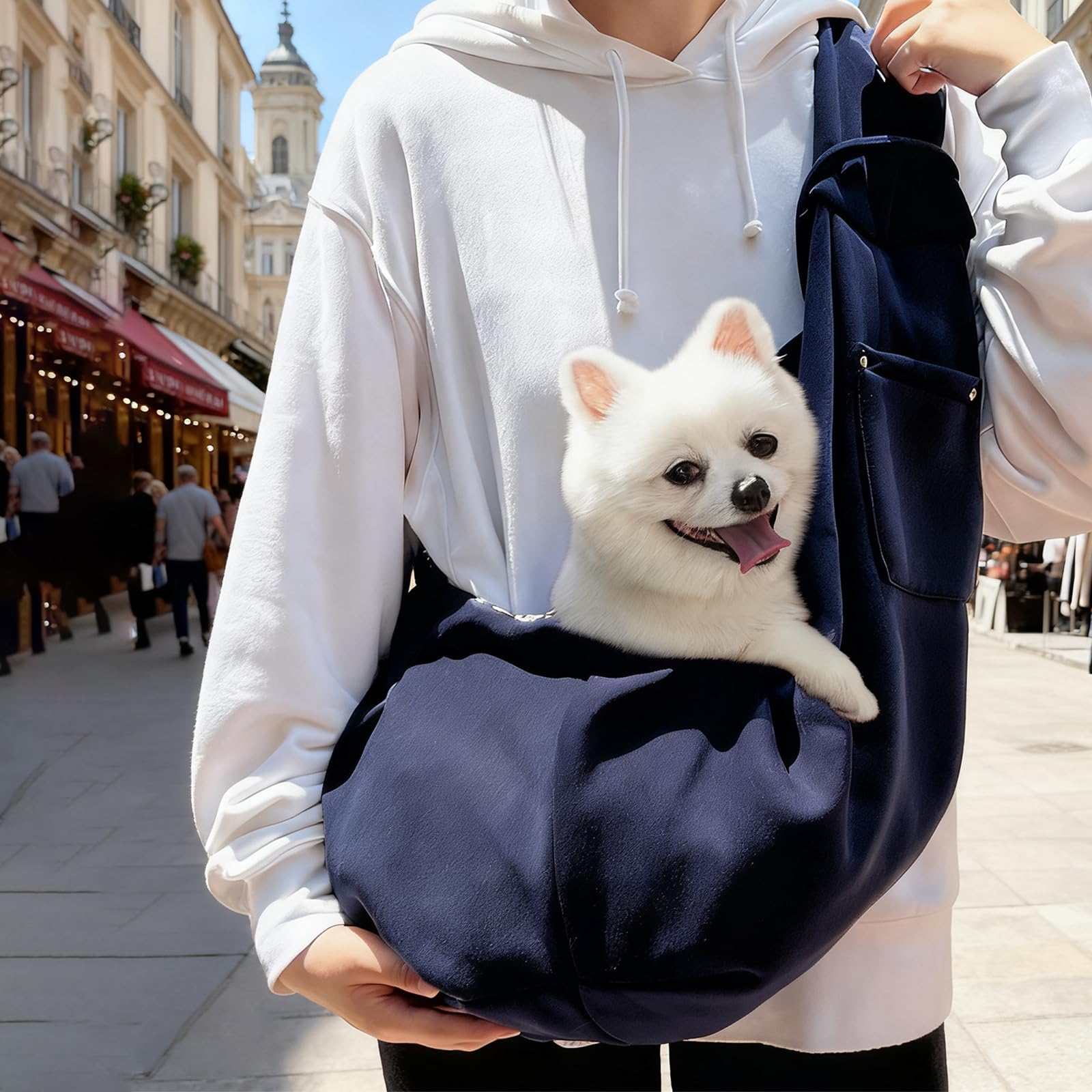 Sac Transport Petit Chien, Bleu Marine Sac de Transport Chien, Bandoulière Petit Sac-Chien, Réversible Poche pour Animaux de Compagnie, avec Poche et Crochet, pour Animaux Jusqu'à 6 kg