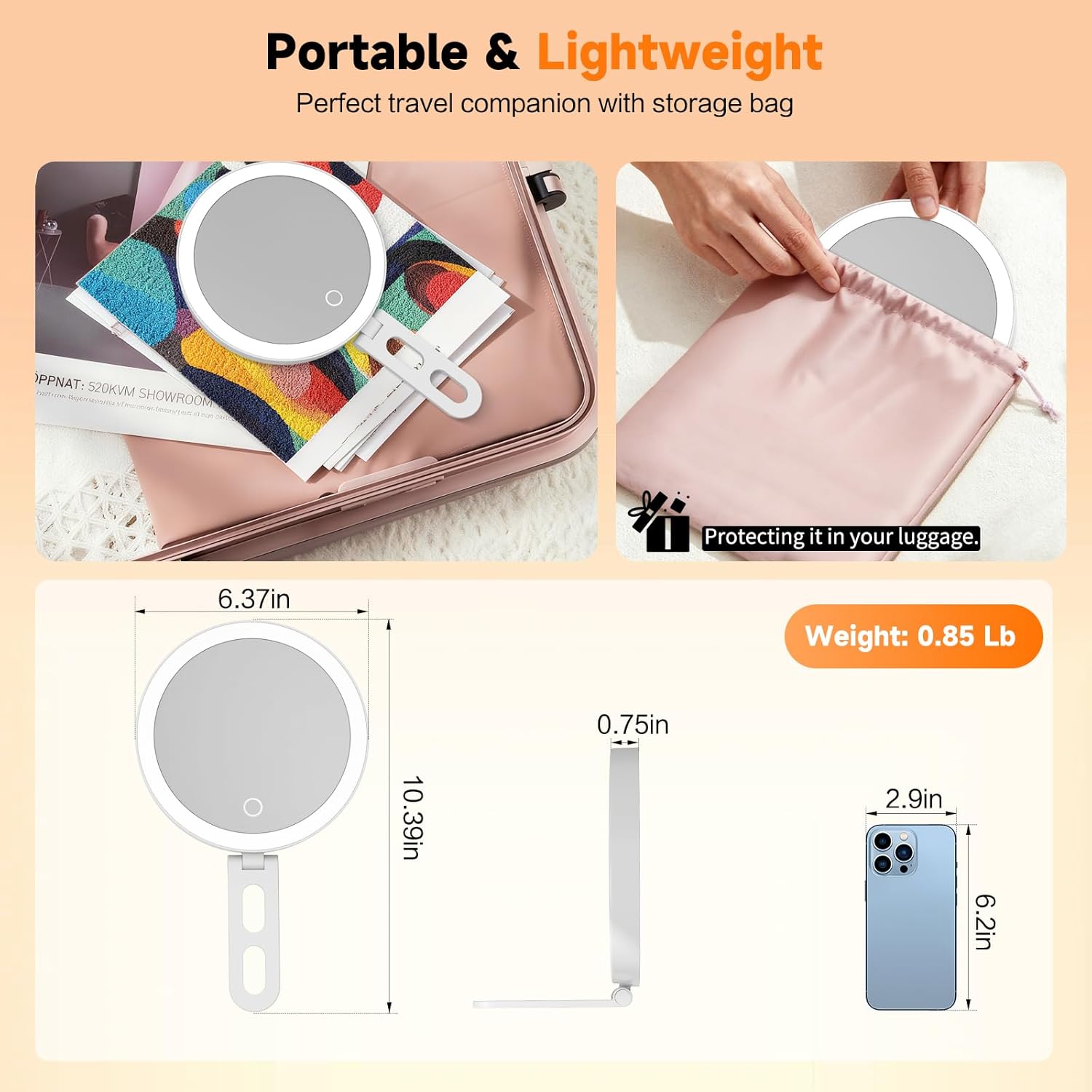 Travel Makeup Mirror with Lights, Lighted Magnifying Mirror 10X, 4-in-1 Portable for Handheld, Tabletop, Hanging and Wall Mount with Suction Cup and 3 Color Light, Ideal Gift for Women and Seniors