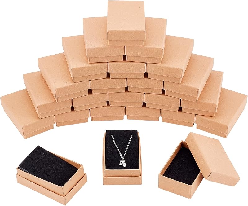 NBEADS 24 bucăți cutii de bijuterii din carton kraft maro pentru ambalare cadouri, coliere și inele, 8 x 5 x 3 cm