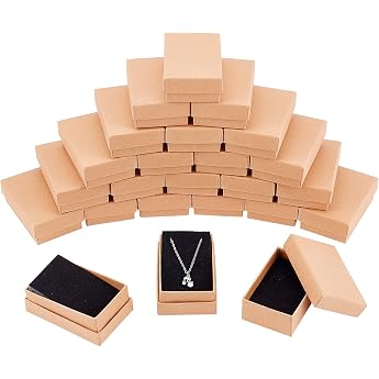 NBEADS 24 Pieces Small Kraft Brown Cardboard Boxes with Lid for Necklace Ring Gifts Display 8 x 5 x 3 cm