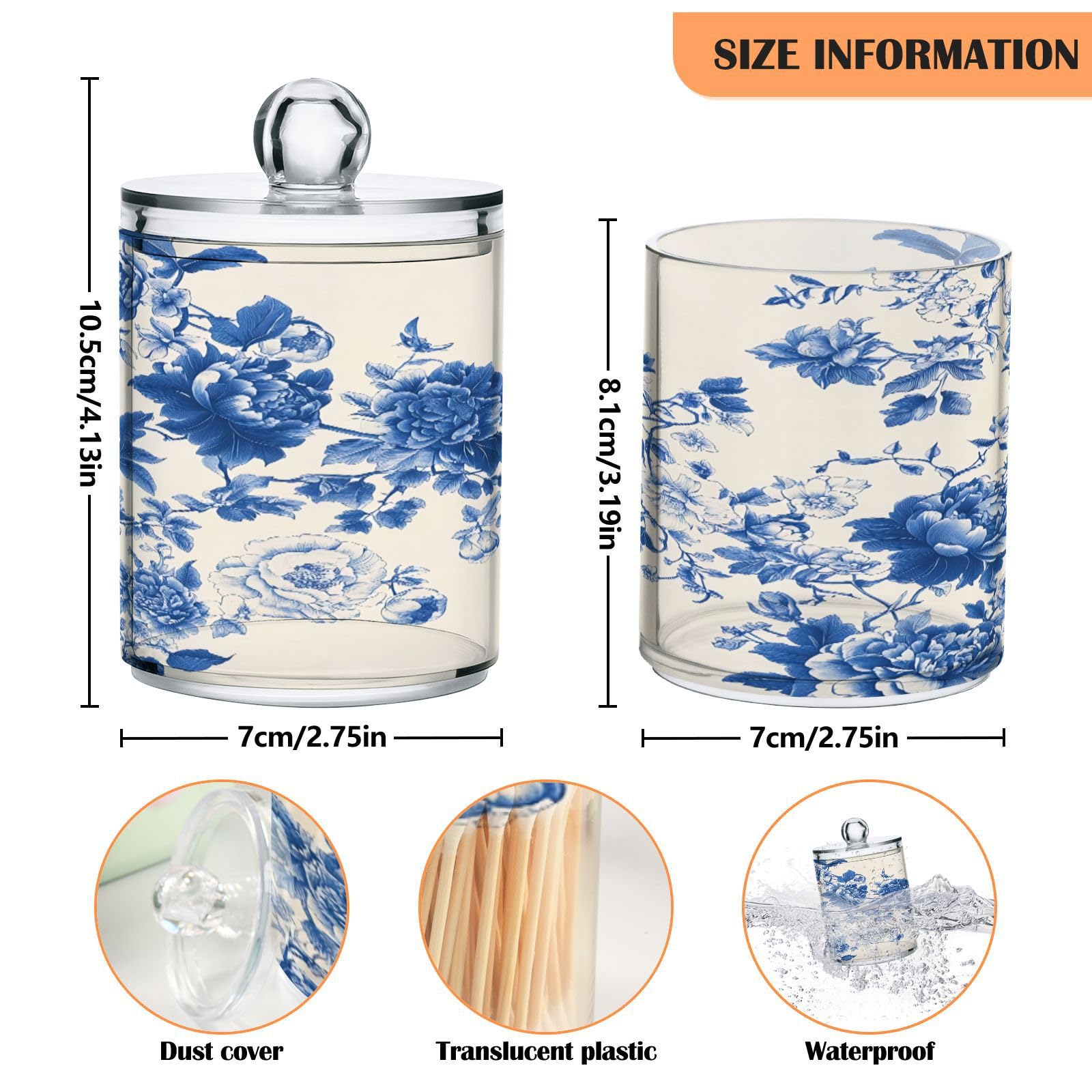 STAYTOP 2PCS Blue Retro Flower Qtip Dispenser Apothecary Jars Bathroom with Labels - Qtip Holder Storage Canister Clear Plastic Acrylic Jar for Cotton Ball,Cotton Swab,Coffee Bean
