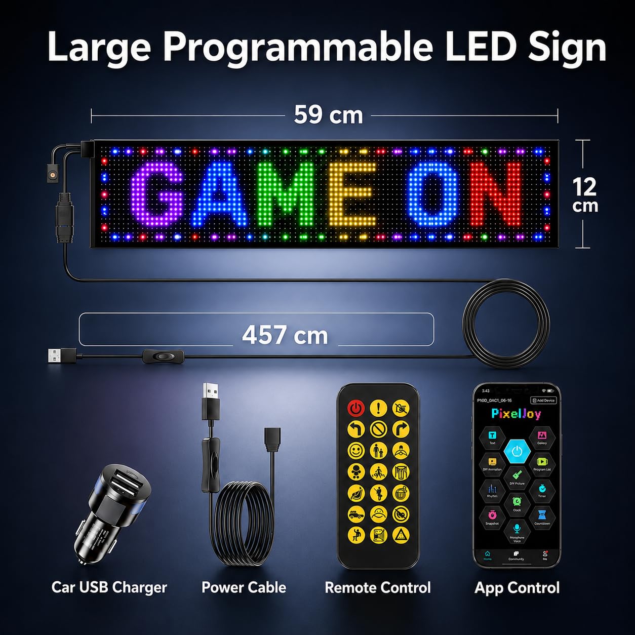 Tablica wyników LED programowalna, 59 x 12 cm, napis RGB LED ze sterowaniem aplikacją Bluetooth i pilotem zdalnego sterowania, elastyczna tabliczka LED do samochodu, ciężarówki, witryny sklepowej i