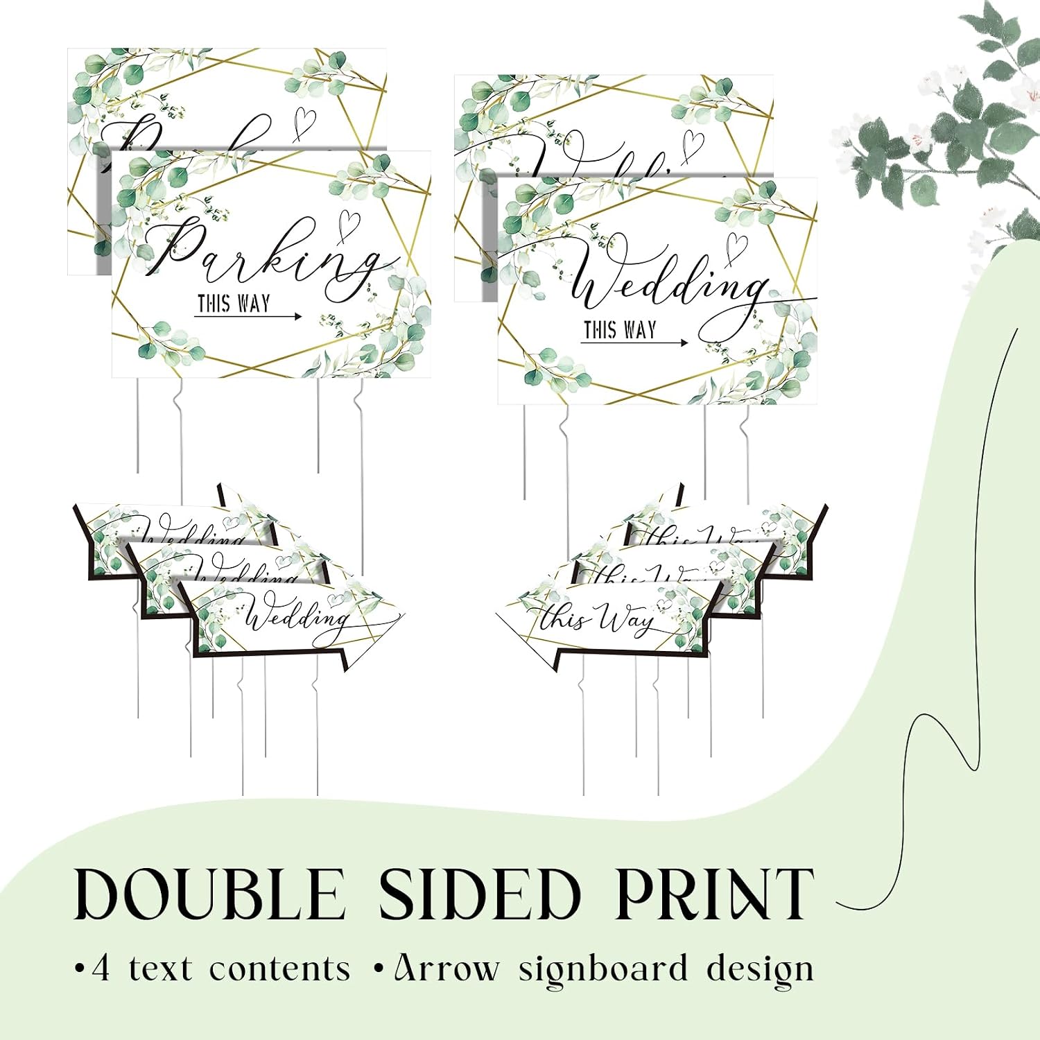 Wenqik 10 Pcs Wedding This Way Directional Parking Signs Include 4 Square and 6 Arrow Shaped Wedding Directional Parking Road Signs with Stakes, Large Double Sided(Green,Golden Lines)