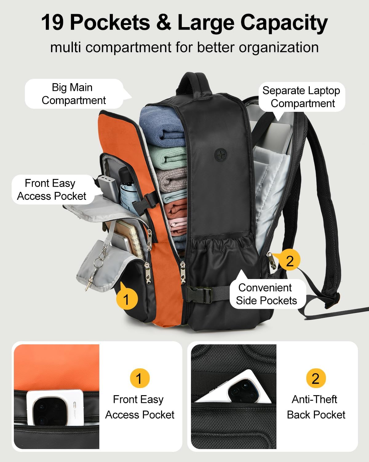 Travel Backpack for Women & Men, Carry On Personal Item Bag Flight Approved, Large Waterproof Laptop Backpack for Travel, Overnight, College & Commuting Black-Brown