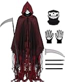 Grim Reaper Costume, Halloween Hooded Cloak, Cosplay Costumes for Adult, Grim Reaper Cape with Scythe, Skull Mask, Gloves