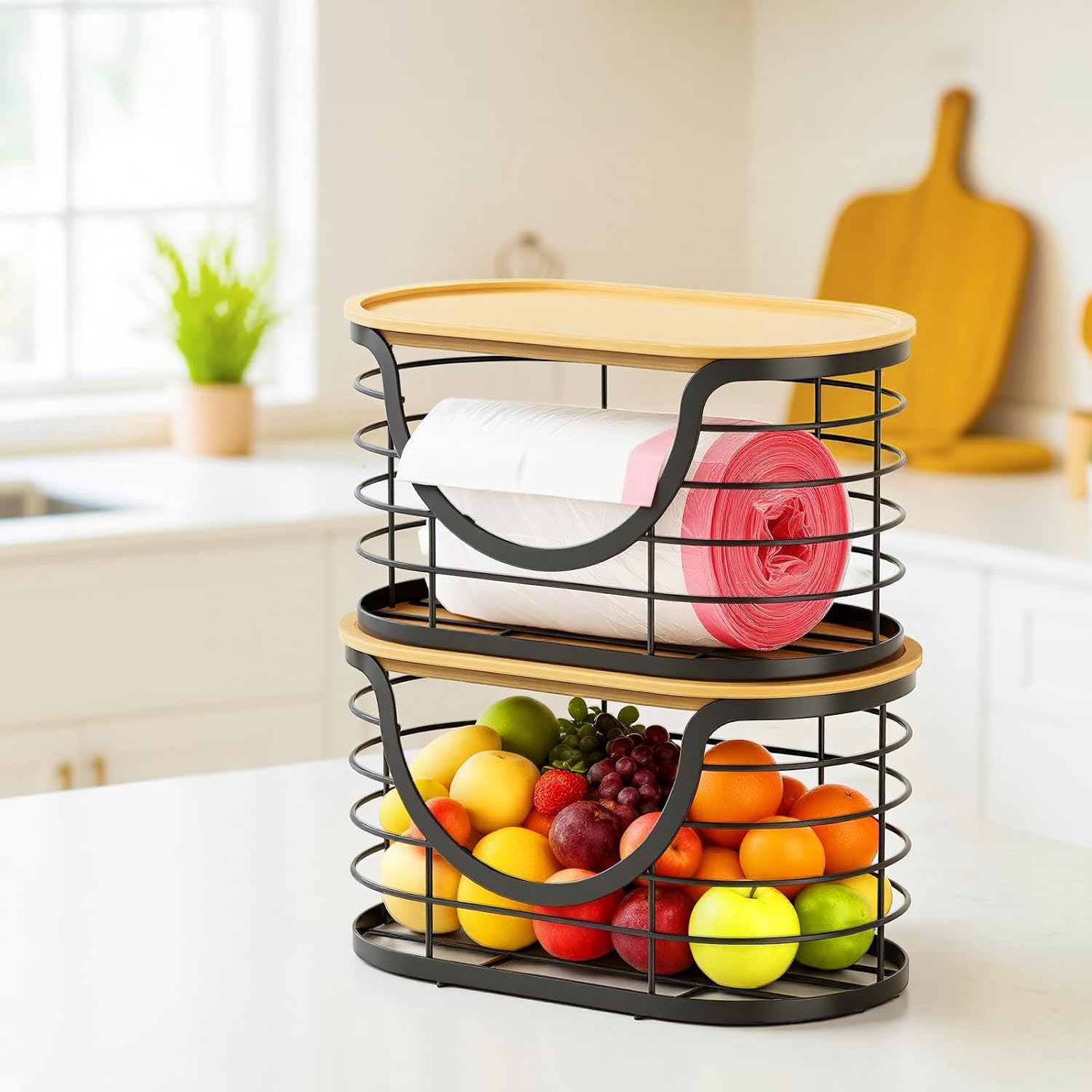 Haotao 2 Pack Trash Bag Holder，Stackable Trashbag Dispenser With Bamboo Lid，Wall Mount Garbage Bag Dispenser Organizer for Kitchen Laundry Room Under Sink