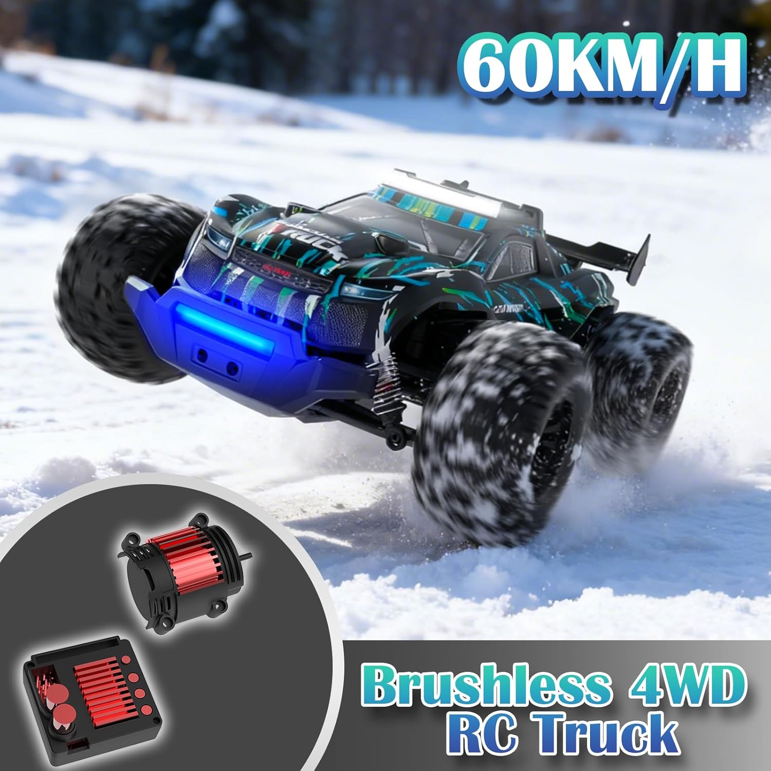 1/16 RTR Brushless Remote Control Cars for Adults, 4WD 60KM/H Fast All Terrain Off-Road RC Truck, High Speed RC Car with 2 LiPo 2000 mAh Batteries, Oil-Filled Shocks, 2-Color Shell, Colorful Lights