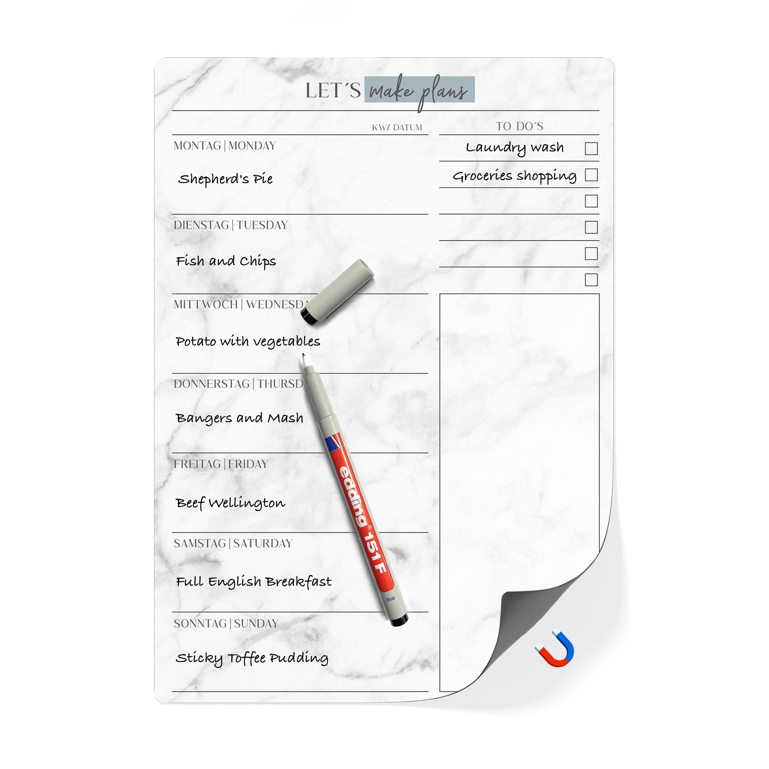 TOBJA® Magnetic Meal Planner Board Including Pen - Magnetic Whiteboard for Fridge, A4