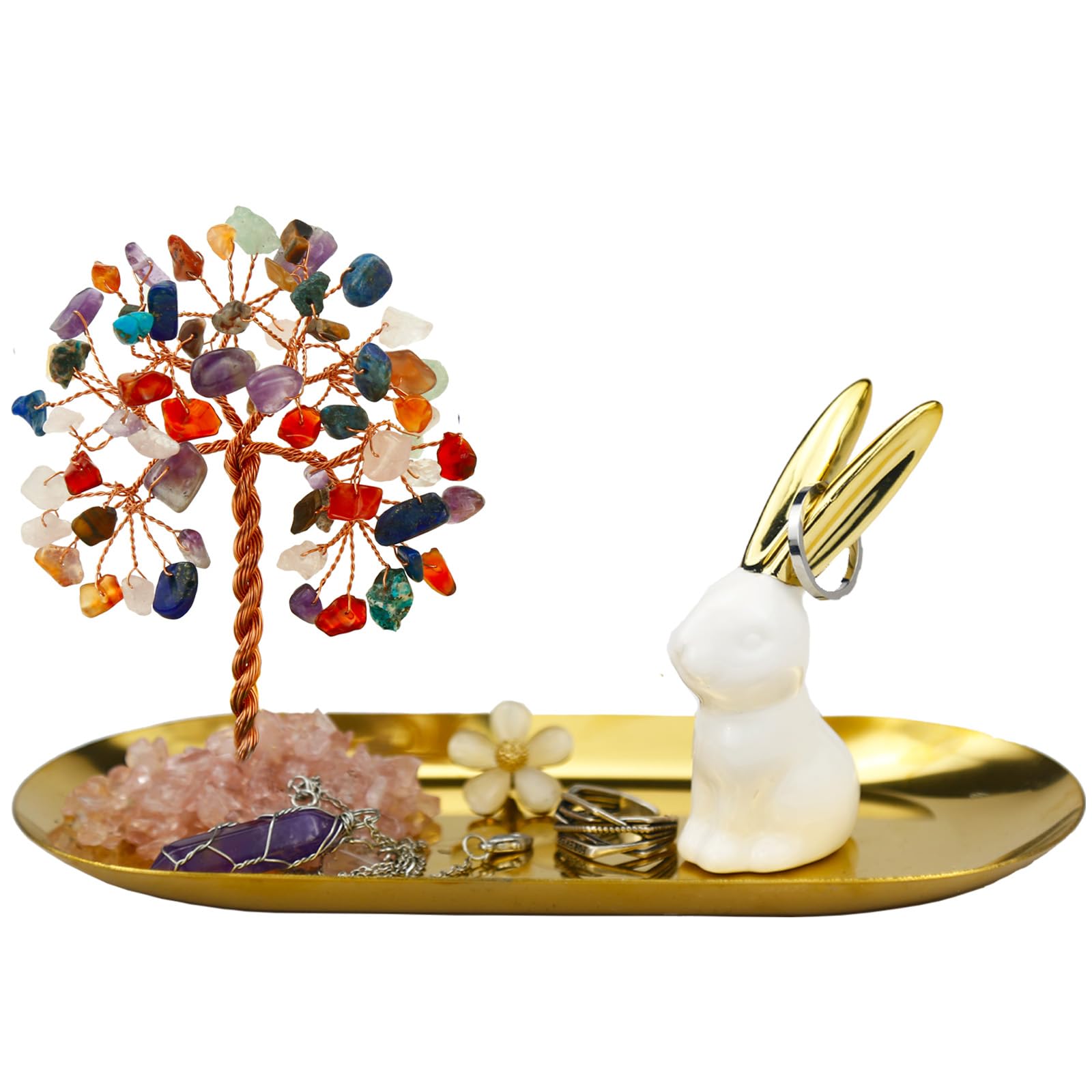 Bunny Ring Holder, Easter Bunny Decor, Crystal Tree Rabbit Bracelets Earrings Trinket Dish, Easter Gifts for Girls Woman
