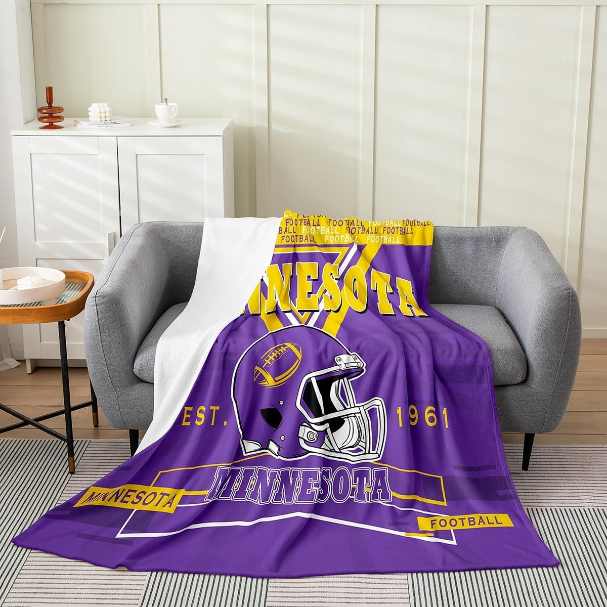 Erosebridal Football Throw Blanket,Rugby Fleece Blanket Queen 90x90 inch for Kids Boys Teens,Football Helmet Bed Blanket for Teen Boy,Sports Flannel Blanket for Bedroom(Minnesota)