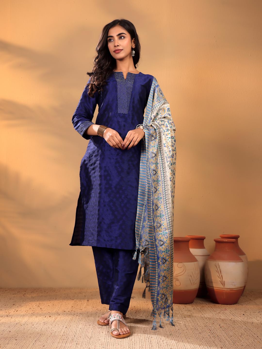 Varanga Women's Navy Blue Ethnic Kurta Set - Straight Fit Dobby Textured Kurta With Zari Couching, Calf-Length Trouser & Floral Printed Dupatta (Small)