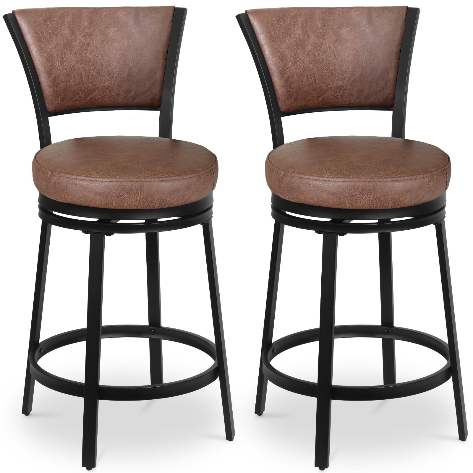 Bar Stools, Counter Height Barstools Set of 2, 25" Faux Leather Metal Round Swivel Bar Chairs with Back, Modern Upholstered Counter Stools for Kitchen Island, Brown