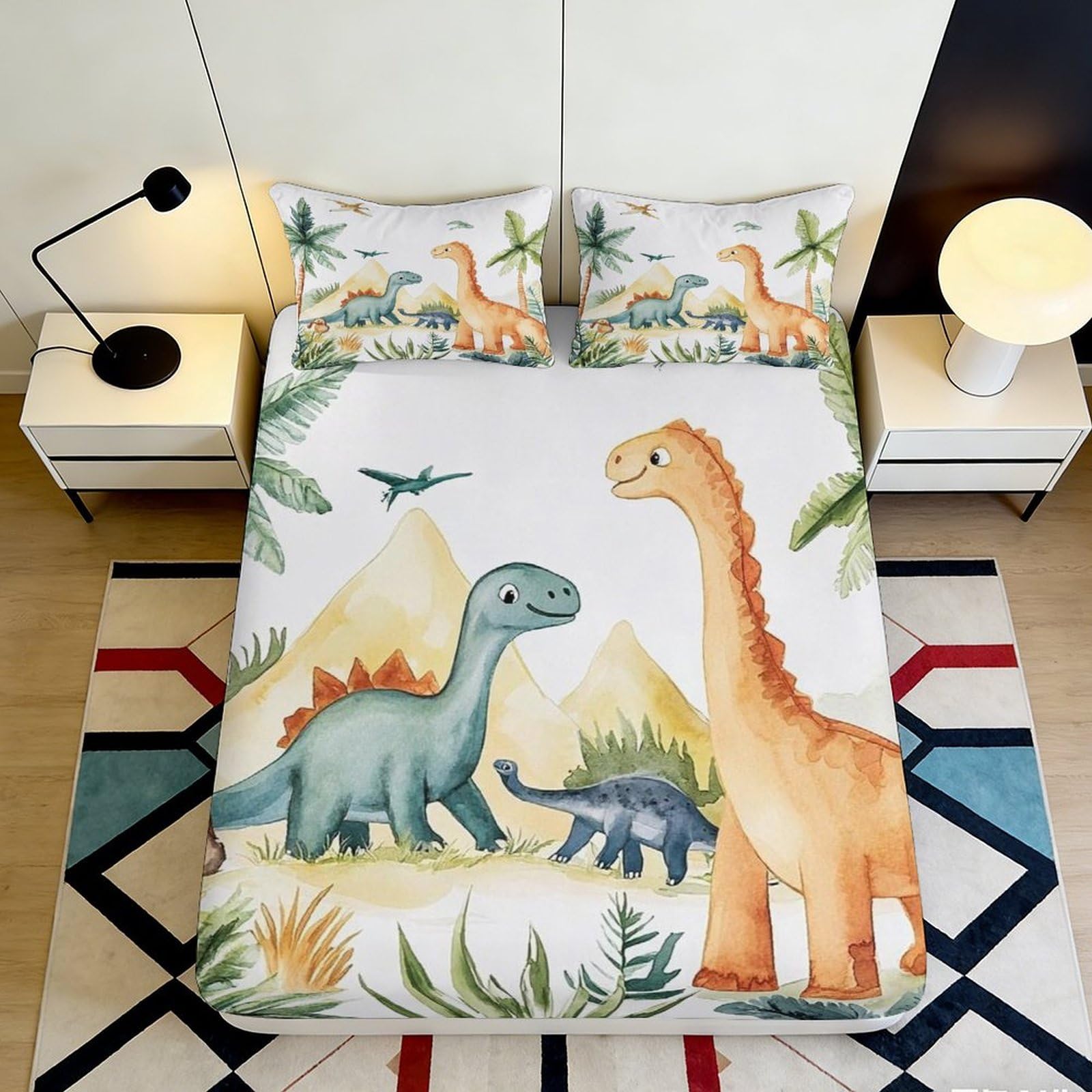 3D Printed Cartoon Dinosaur Fitted Sheet Microfiber Anti-Slip Mattress Cover for Kids Teens Bedroom Decor 120x200cm 180x200x25cm