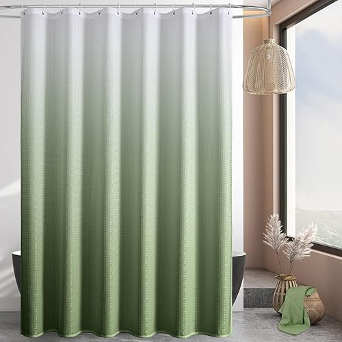 Vista 123 de MitoVilla Cortina de ducha extra larga de 72 x 84 pulgadas, cortina de ducha de tela gofre verde salvia de 84 pulgadas, cortinas de ducha de granja