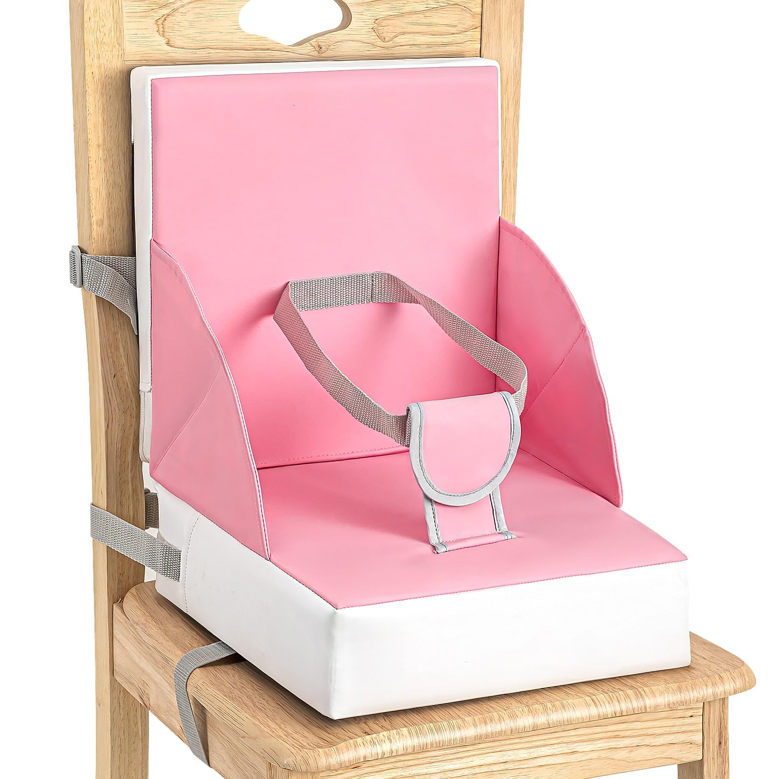 LADIDA Toddler Booster Seat, Portable Baby Booster for Dining Table, Travel Toddler Chair with Adjustable Straps, Lightweight, Compact Design, Easy to Clean(pinkwhite