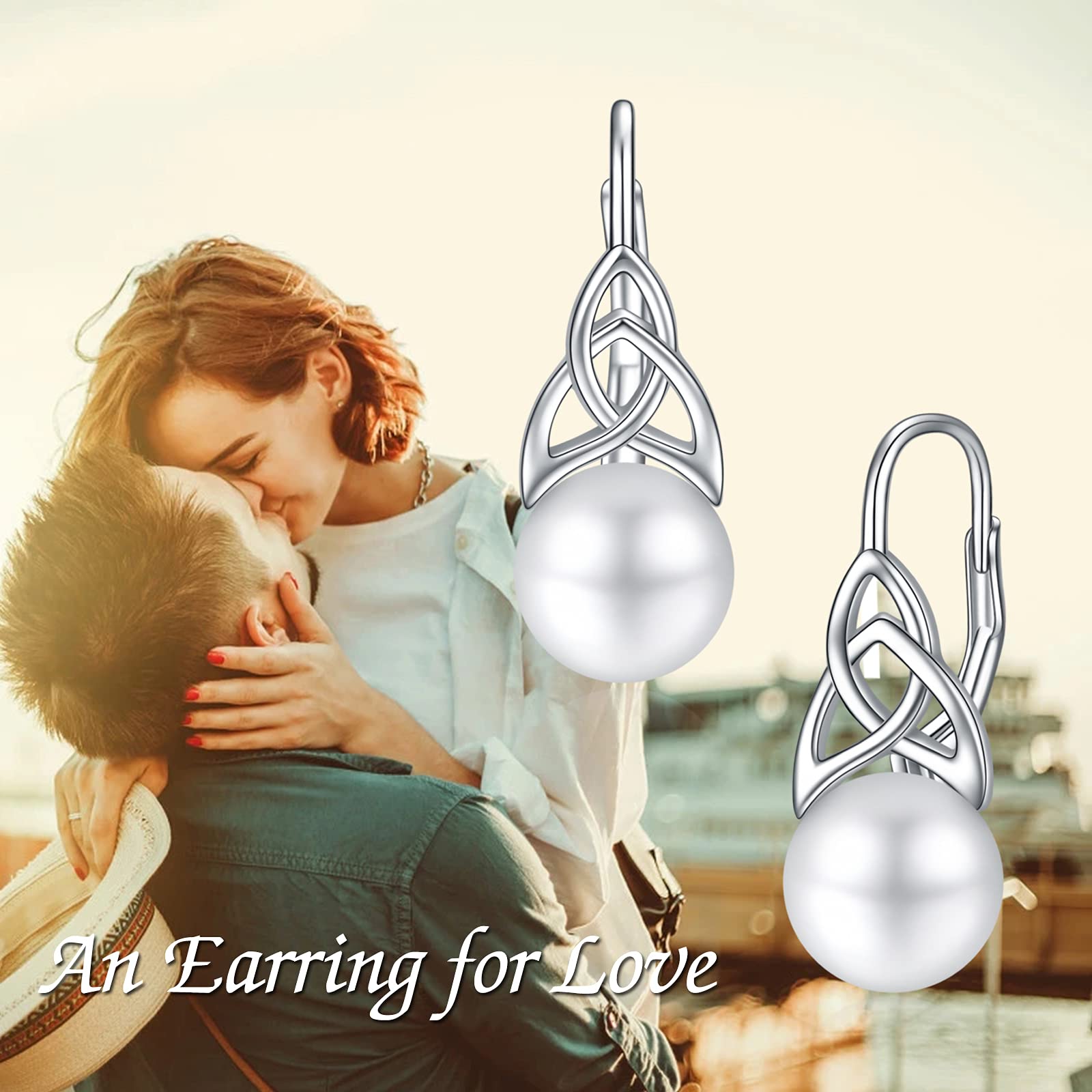 Pendientes de Perlas Para Mujer, Pendientes de aro con Nudo Celta Irlandés de Plata de Ley 925, Joyería con Palanca, Regalos Para Mamá, Madre, Niñas, Amigas