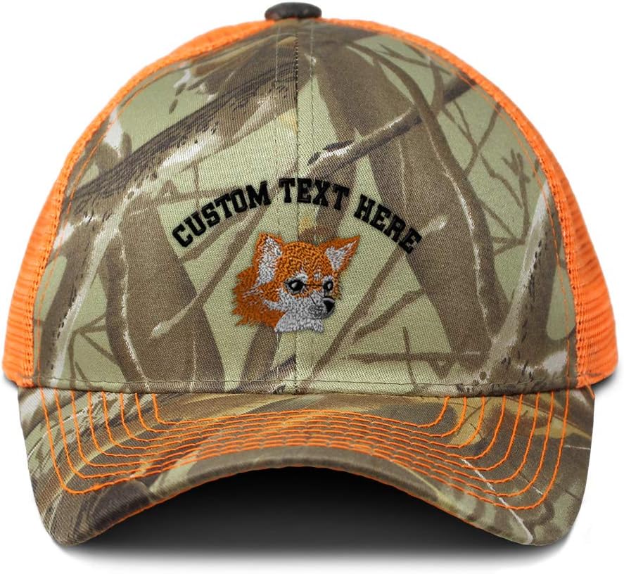 Custom Camo Mesh Trucker Hat Long Haired Chihuahua Embroidery Cotton
