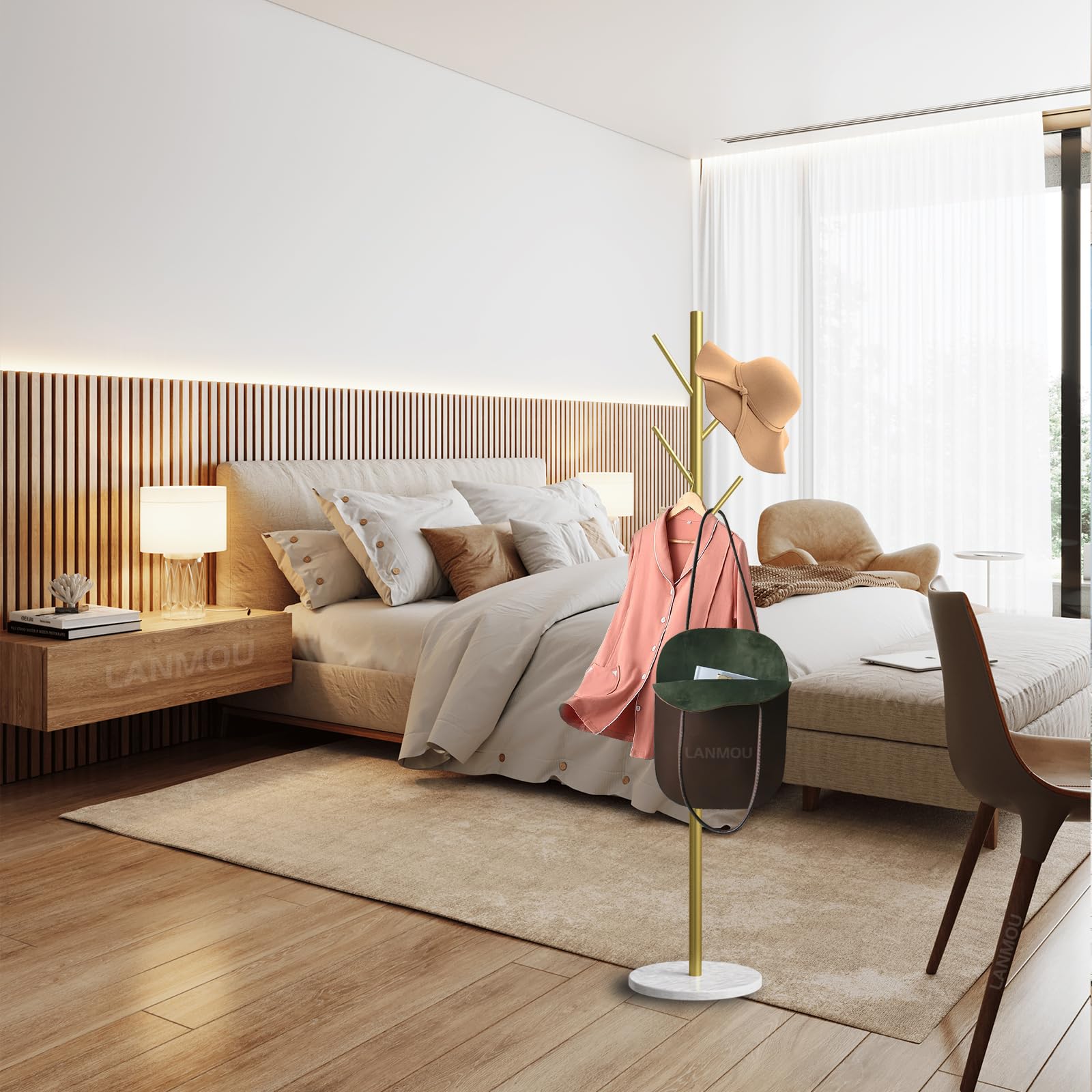 Perchero, Perchero de pie de Metal con Base de Mármol Estable, Oro, 7 Ganchos para Abrigo, Sombrero, Bolso, para Entrada, Pasillo, Dormitorio o Recibidor, H 170cm