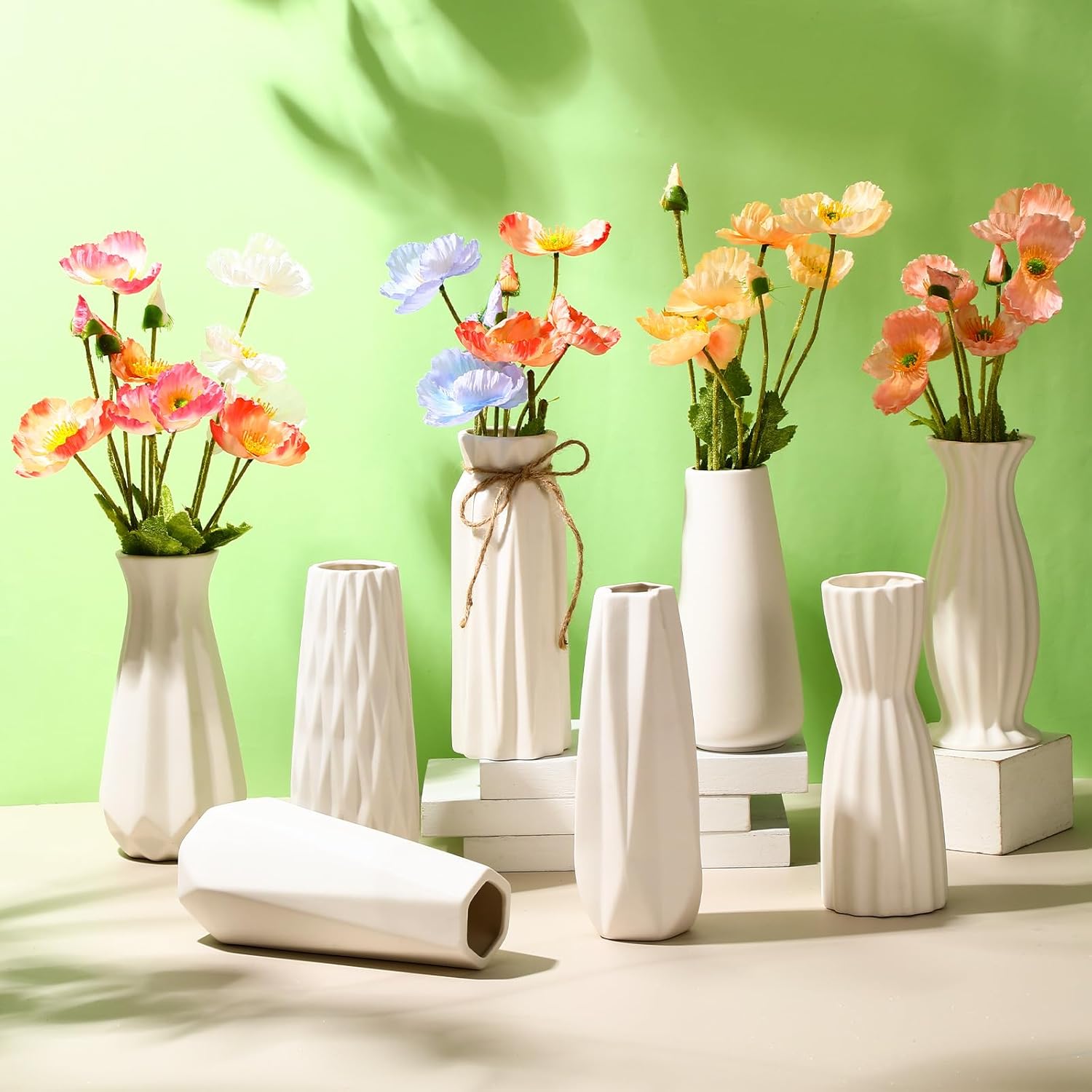 Qinyoung White Ceramic Bud Vase Set of 8, 8'' Small White Flower Vase for Centerpieces, Modern Floral Decor for Wedding Party Dining Table Home Decoration (Various)