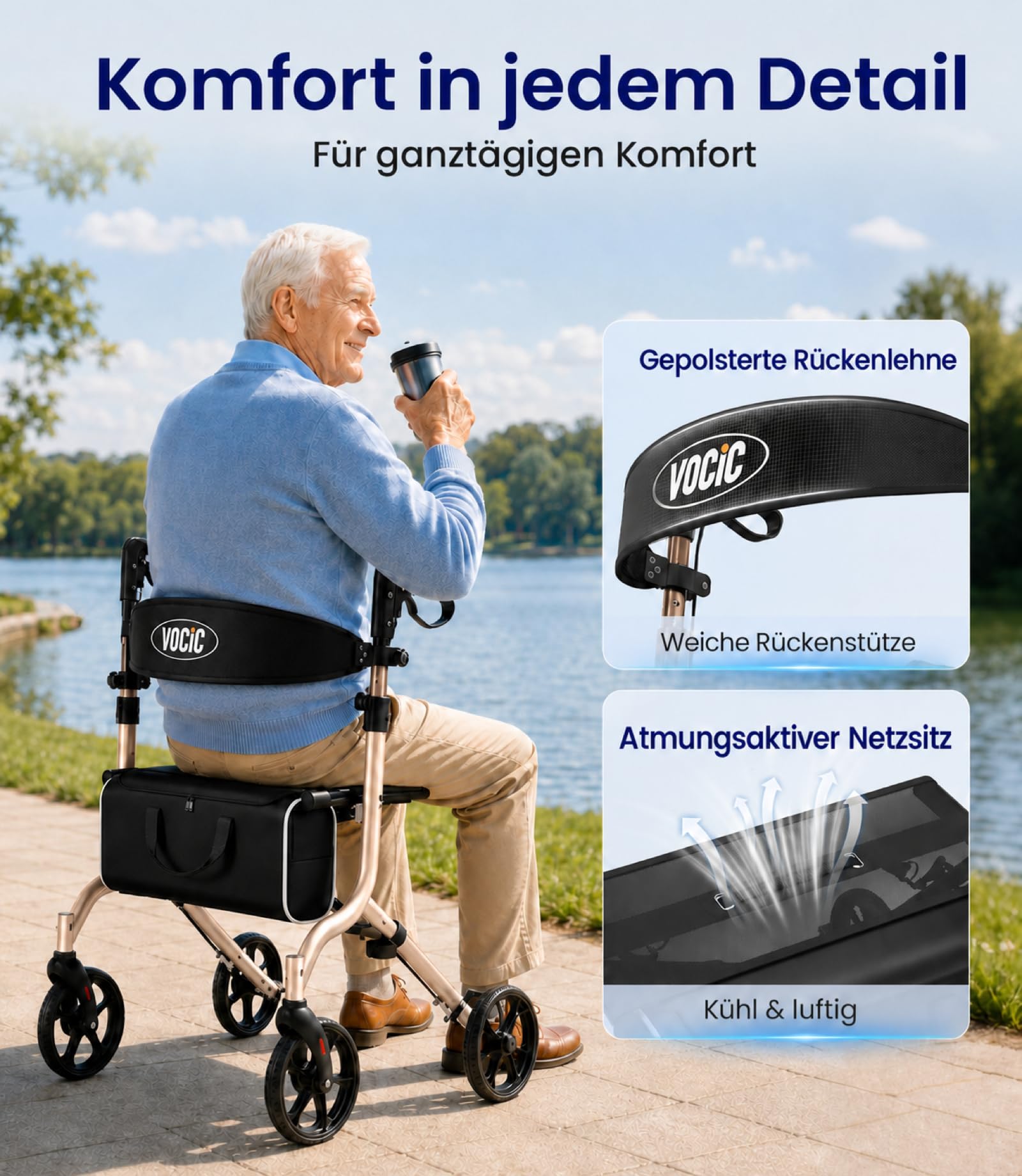 VOCIC Z27 5,8kg Ultraleicht Rollator faltbar leicht mit sitz, aus Aluminium