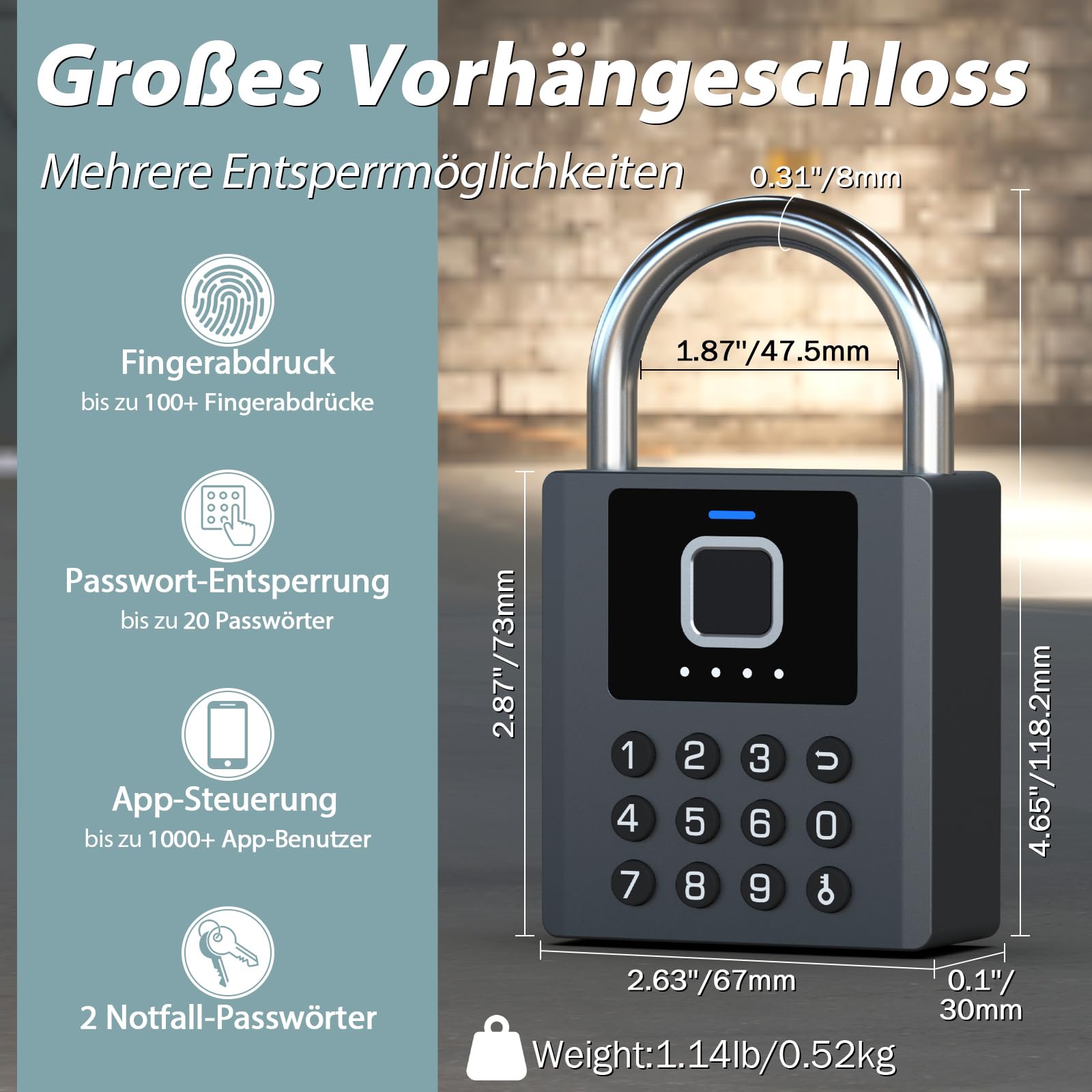 Fingerabdruck Vorhängeschloss Outdoor eLinkSmart Zahlenschloss mit 9-Tasten-Code, Bluetooth App-Steuerung, IP67 Wasserdicht, Schwerlast Bügelschloss mit 2 Schlüsseln für Tor, Gartenhaus, LKW
