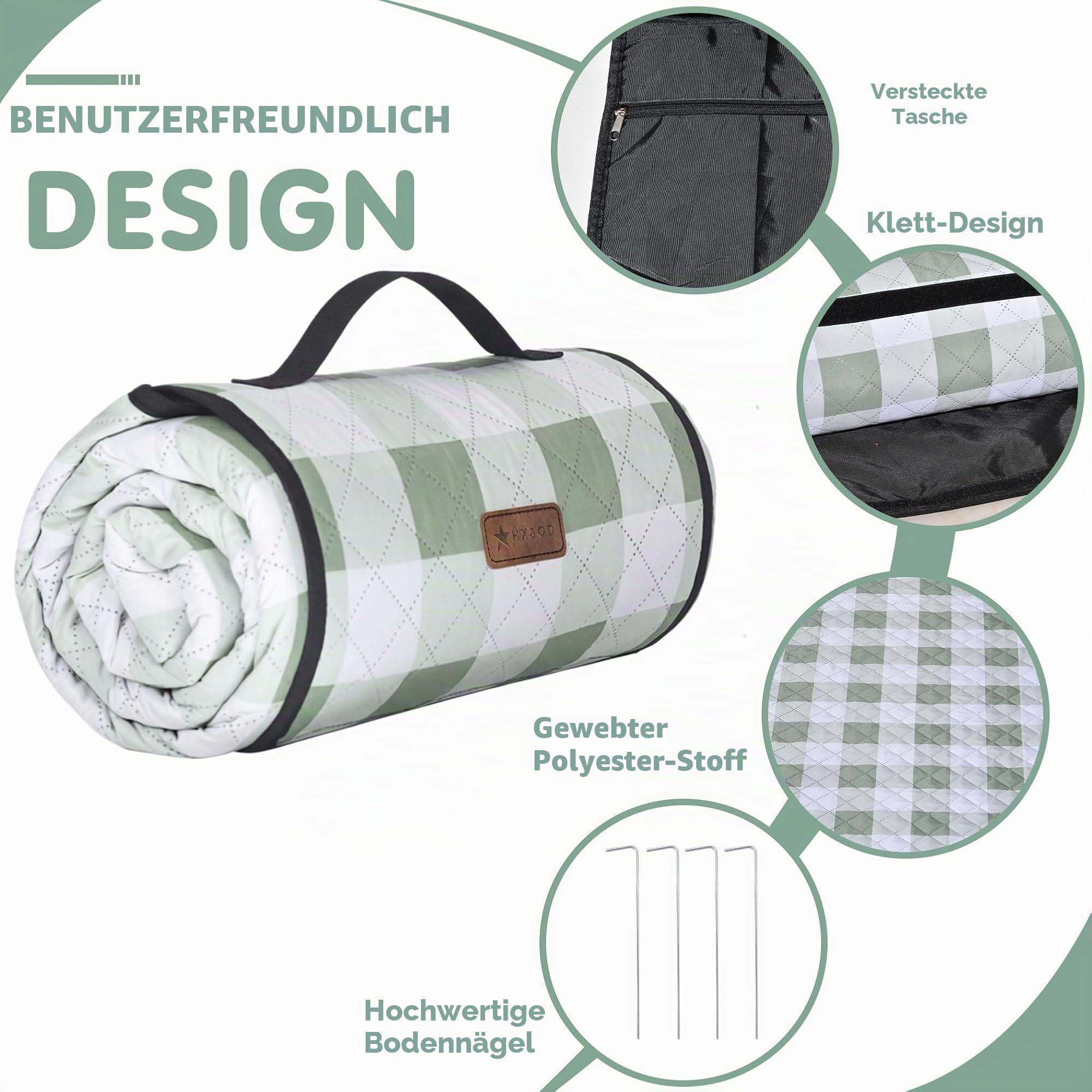 HX&OD Wasserdichte Picknickdecke, 203,2 x 203,2 cm, faltbar, Gingham-Muster, für Strand, Camping, Gras, Park, Zubehör