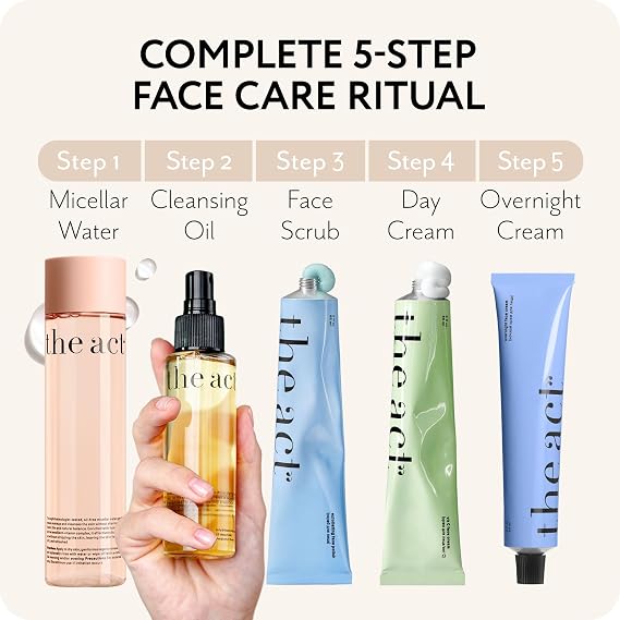 THE ACT 5-Step Face Care Set Gift Set for Her Women Mom Wife Girlfriend Micellar Water Cleansing Oil Face Scrub Day Cream Overnight Cream Luxury Beauty Set - Birthday, Christmas , Vegan