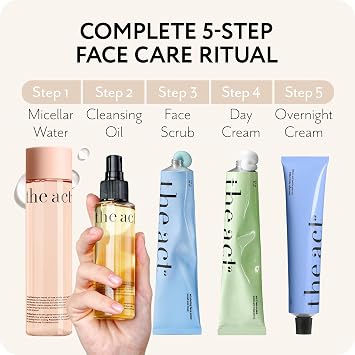 THE ACT 5-Step Face Care Set Gift Set for Her Women Mom Wife Girlfriend Micellar Water Cleansing Oil Face Scrub Day Cream Overnight Cream Luxury Beauty Set - Birthday, Christmas , Vegan