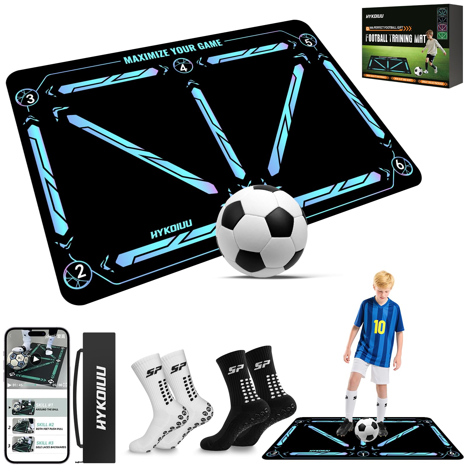 Football Training Mat With Training Video Anti-Slip Sports Socks Football Skills Mat Mastery Footstep Agility Pad To Boost Speed Strength & Coordination Football Training Equipment Mastery Mats