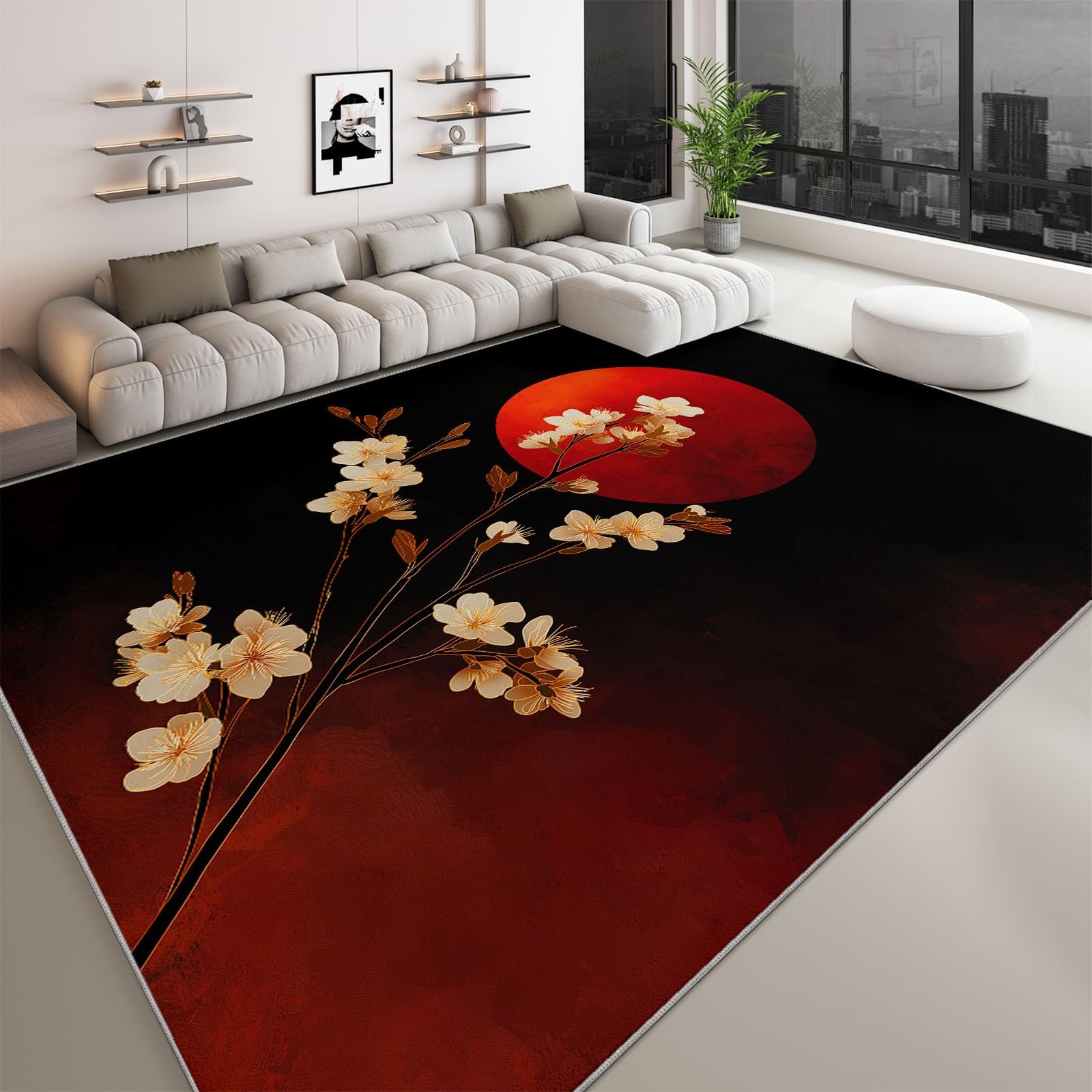 Antidérapante Tapis de Salon Chambre - Salon Super Doux Salle à Manger Faux Tapis en Laine, Motif Fleurs crème Soleil Rouge Style Japonais Rug Décoratif Résistant Lavable Noir et Rouge 120 x 180cm