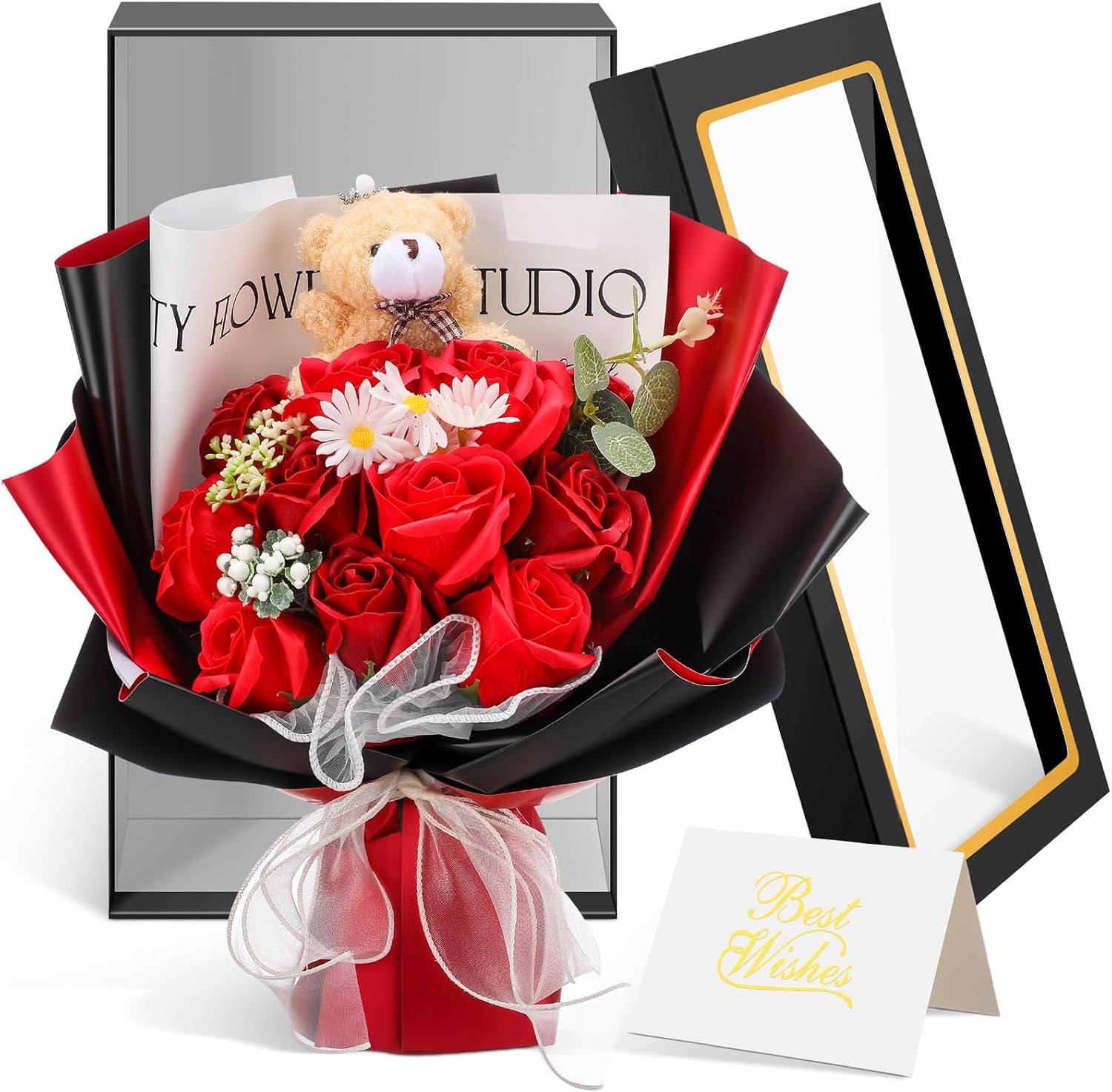 Suncalla Mother's Day Rose Flowers Bouquet with Bear and Gift Box 11 Scented Soap Flowers Artificial Rose Bouquet for Women Mom Birthday Anniversary Wedding Gift, 12.6 x 7.1 Inches(Red and Black)